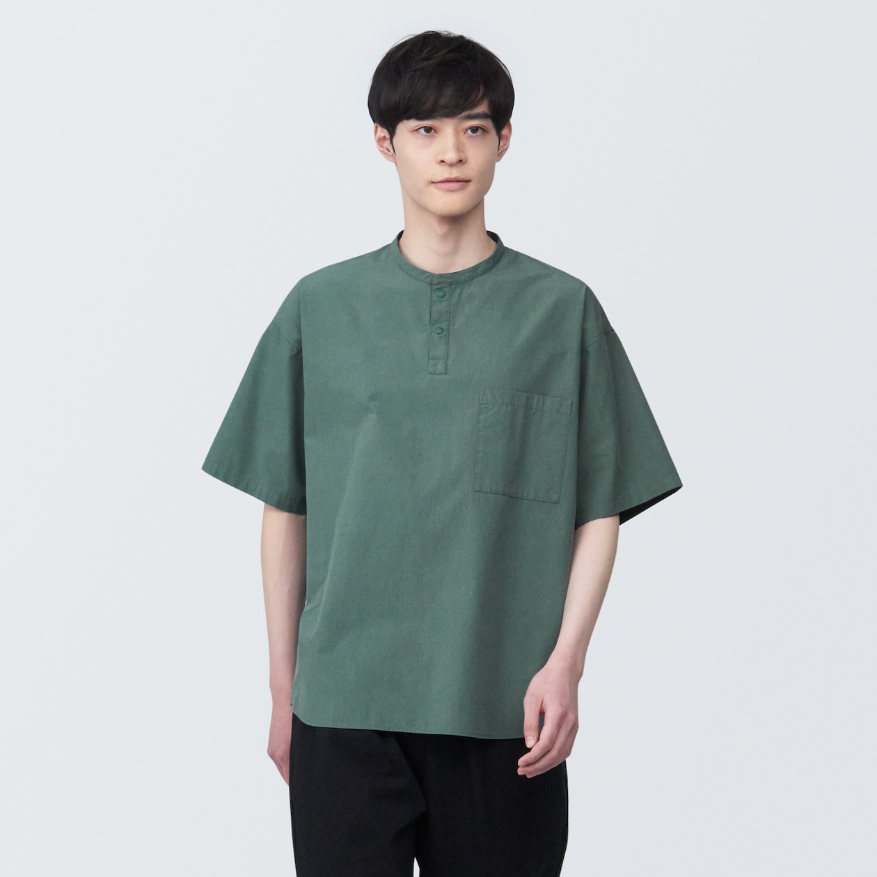 【欧米サイズ】紳士　涼感ヘンリーネック半袖布帛Ｔシャツ