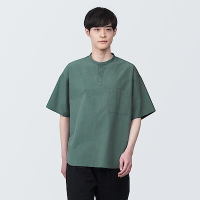 【欧米サイズ】紳士　涼感ヘンリーネック半袖布帛Ｔシャツ