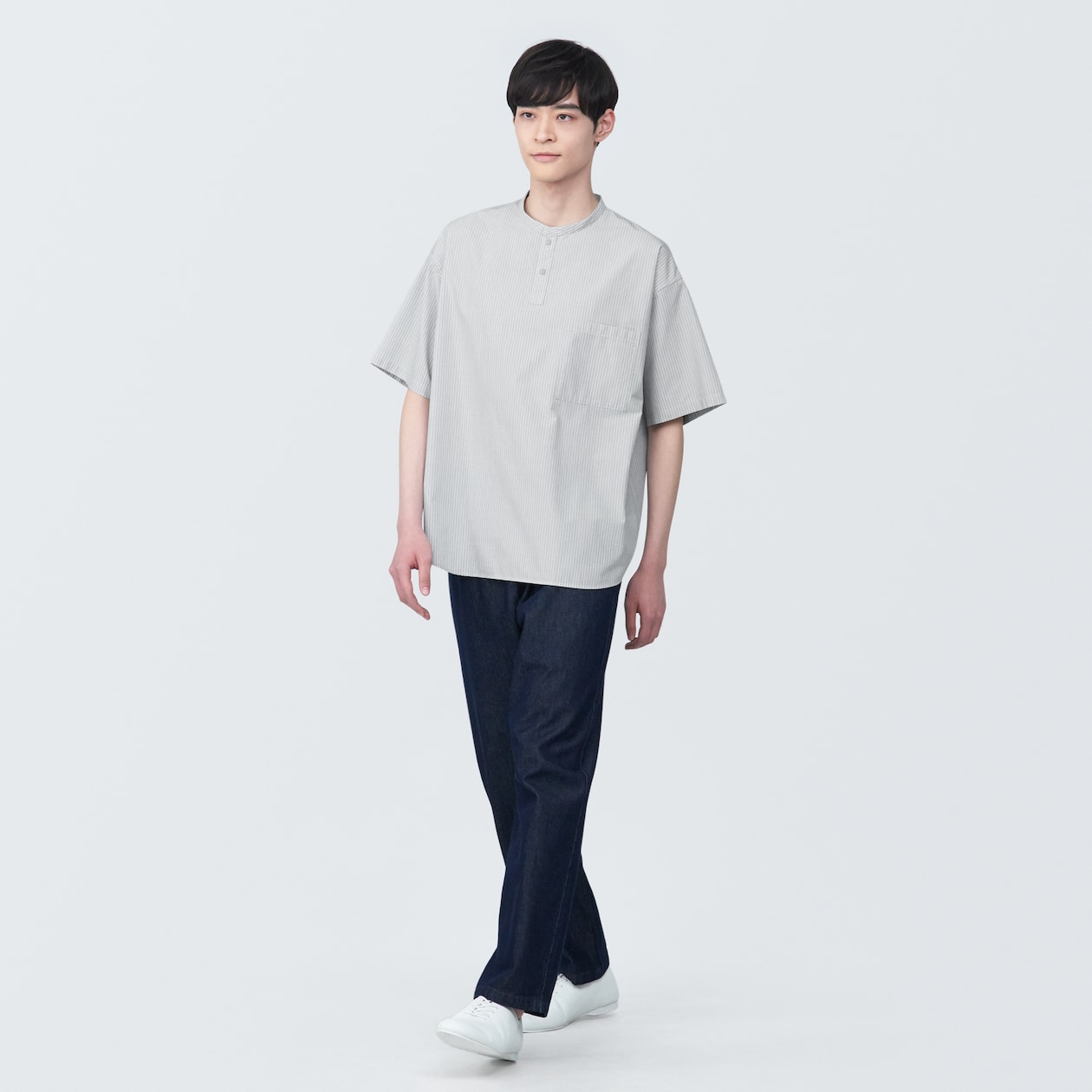 【欧米サイズ】紳士　涼感ヘンリーネック半袖布帛Ｔシャツ