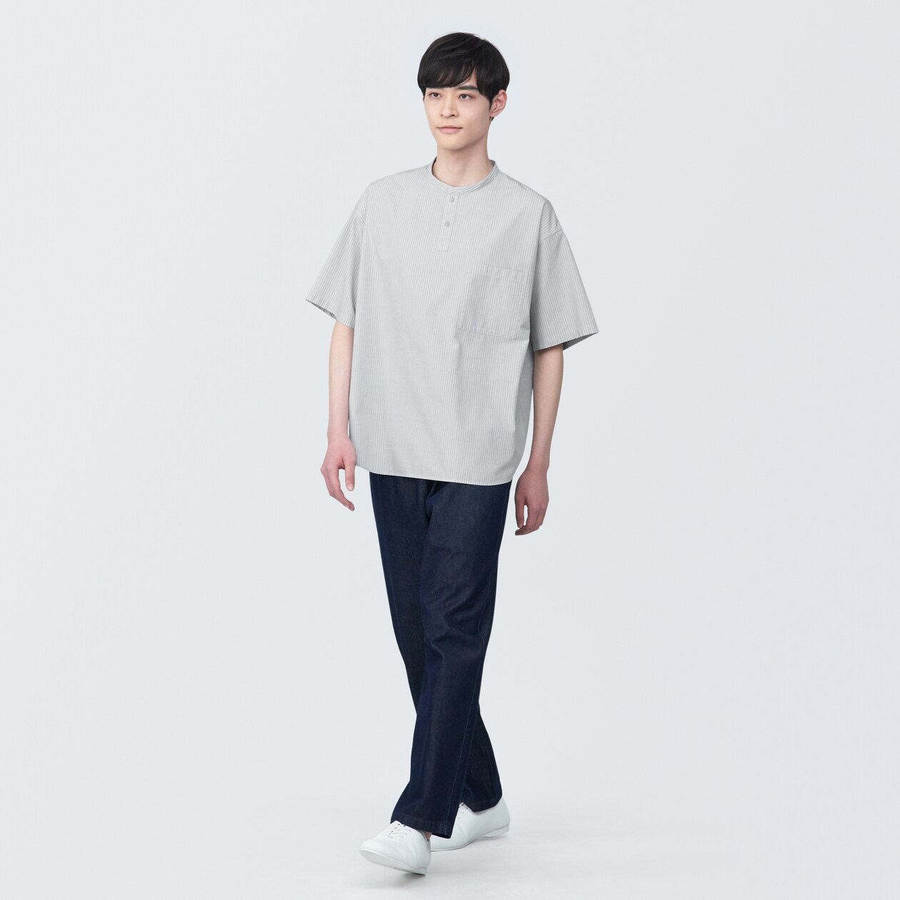 【欧米サイズ】紳士　涼感ヘンリーネック半袖布帛Ｔシャツ