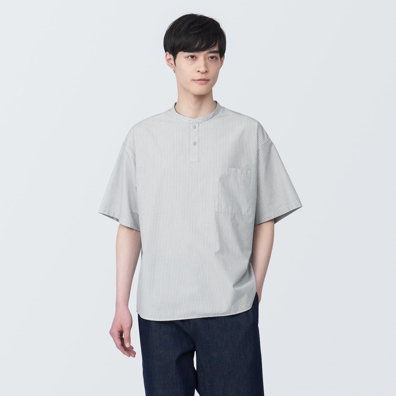 【欧米サイズ】紳士　涼感ヘンリーネック半袖布帛Ｔシャツ