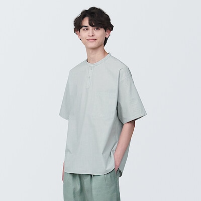 【欧米サイズ】紳士　涼感ヘンリーネック半袖布帛Ｔシャツ