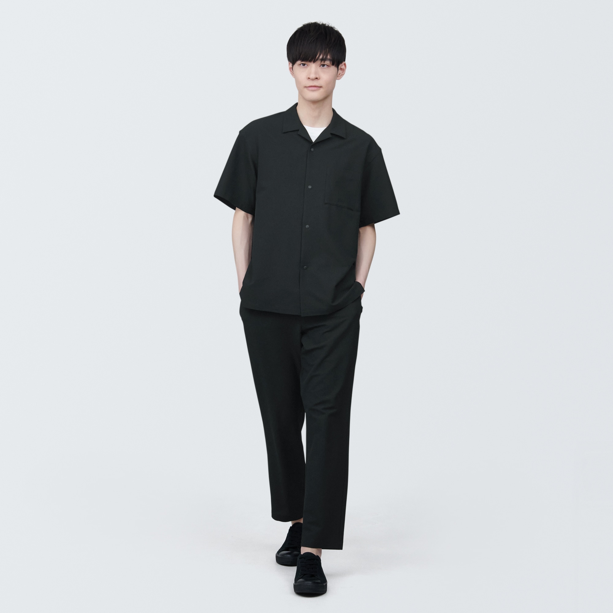 紳士　風を通すストレッチサッカーオープンカラー半袖シャツ