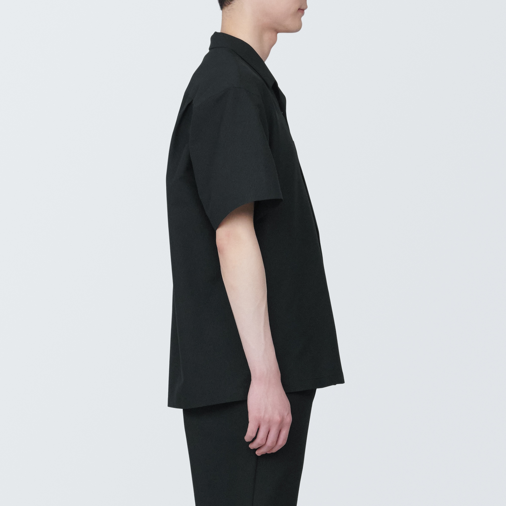 紳士　風を通すストレッチサッカーオープンカラー半袖シャツ