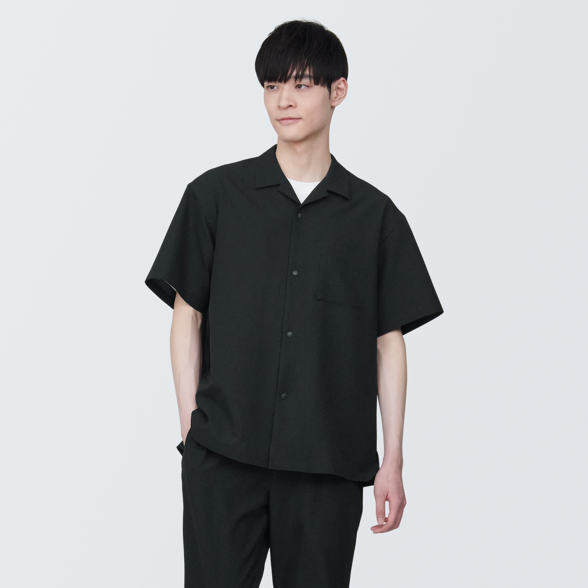 紳士　風を通すストレッチサッカーオープンカラー半袖シャツ