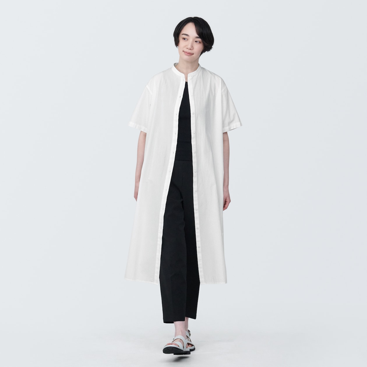 婦人　涼感　ブロードスタンドカラー半袖ワンピース