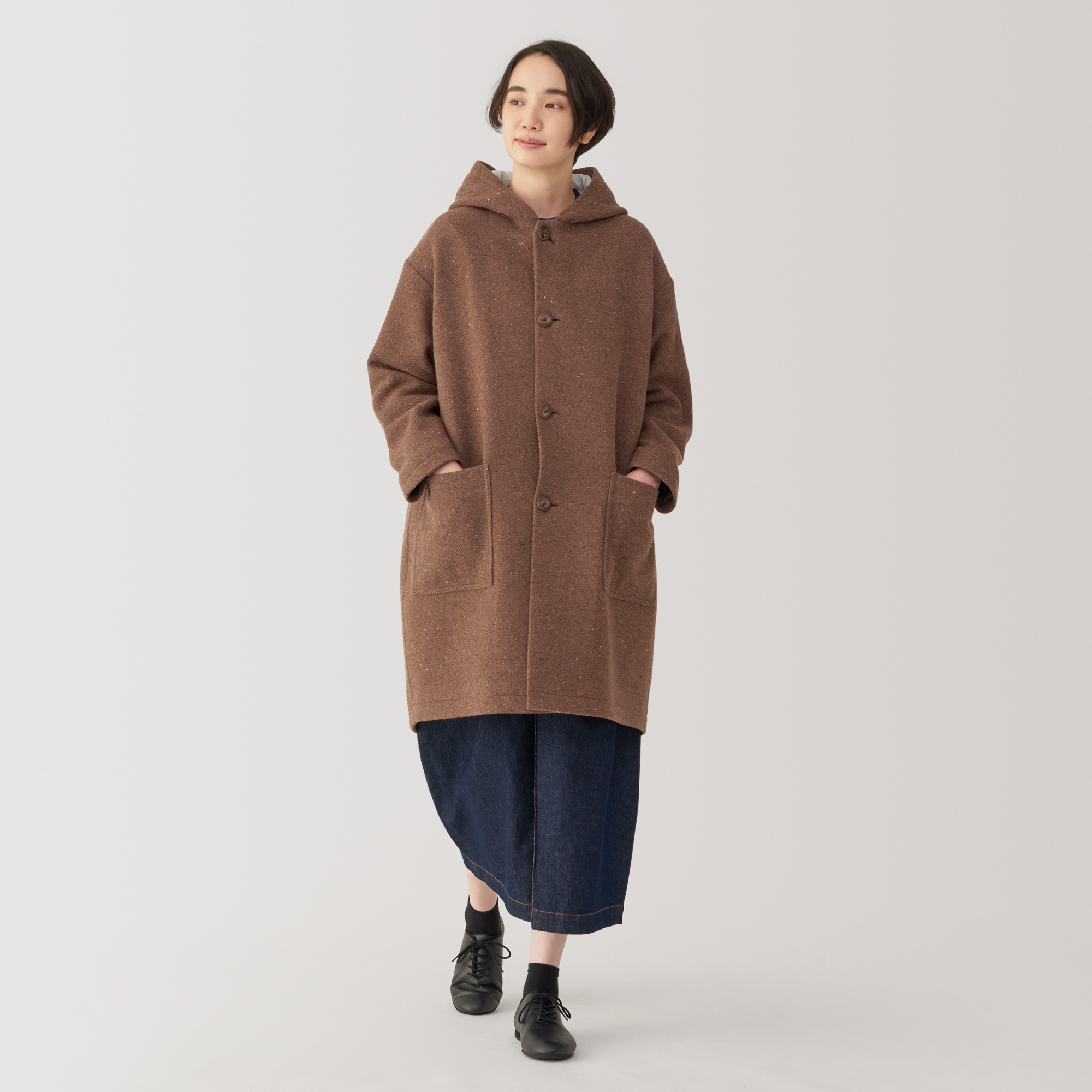 婦人 ウール混綾織りフード付きコート | 無印良品