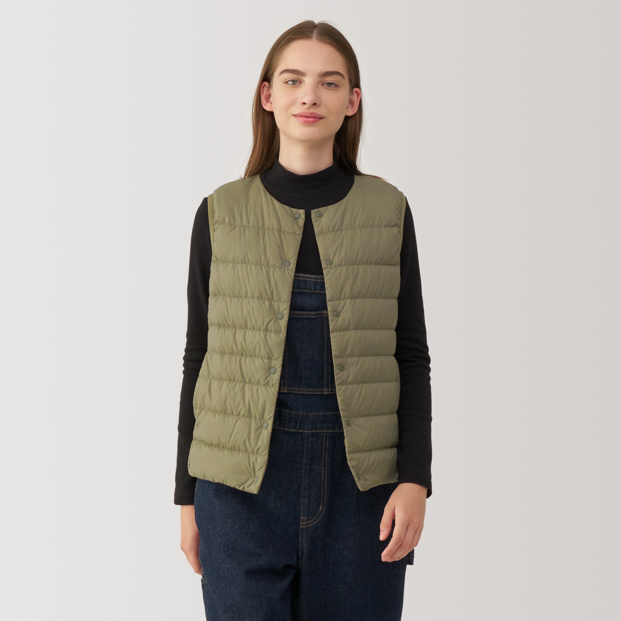 MUJI 無印良品 軽量ダウン ノーカラーベスト ダークブラウンS 軽量ダウンノーカラーベスト（帯電防止裏地）（ダウンベスト
