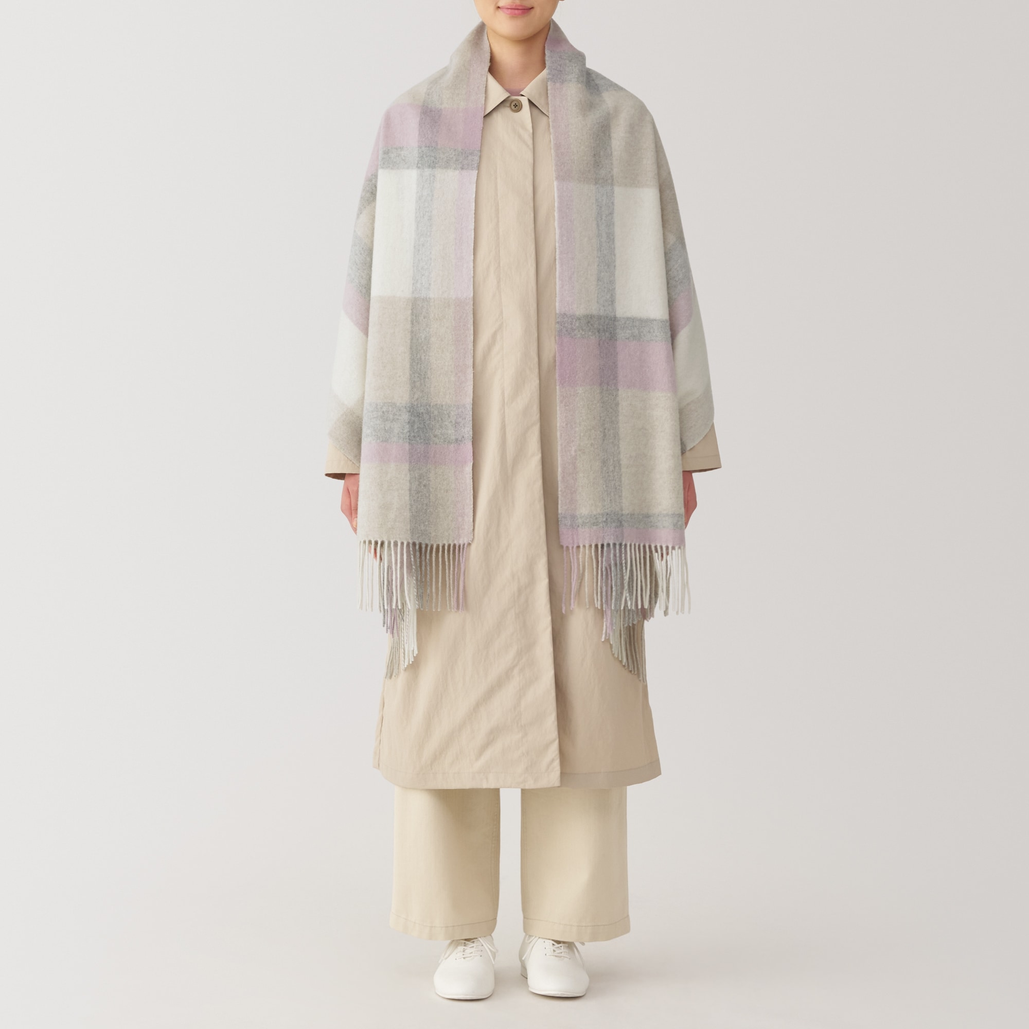 ウール　ひざ掛けにもなる　大判ストール（チェック）