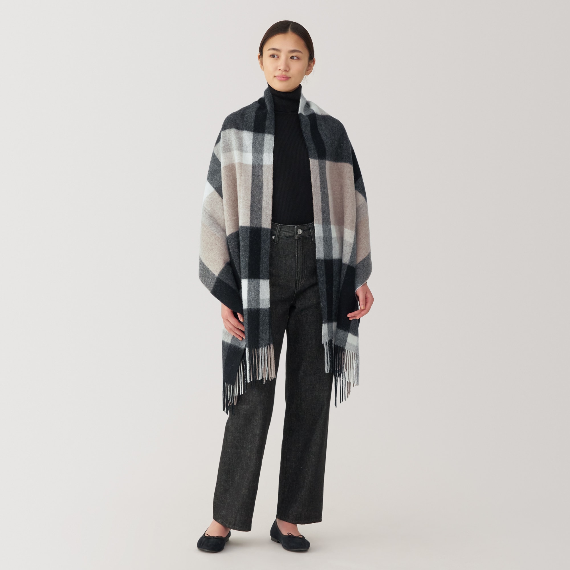 ウール　ひざ掛けにもなる　大判ストール（チェック）