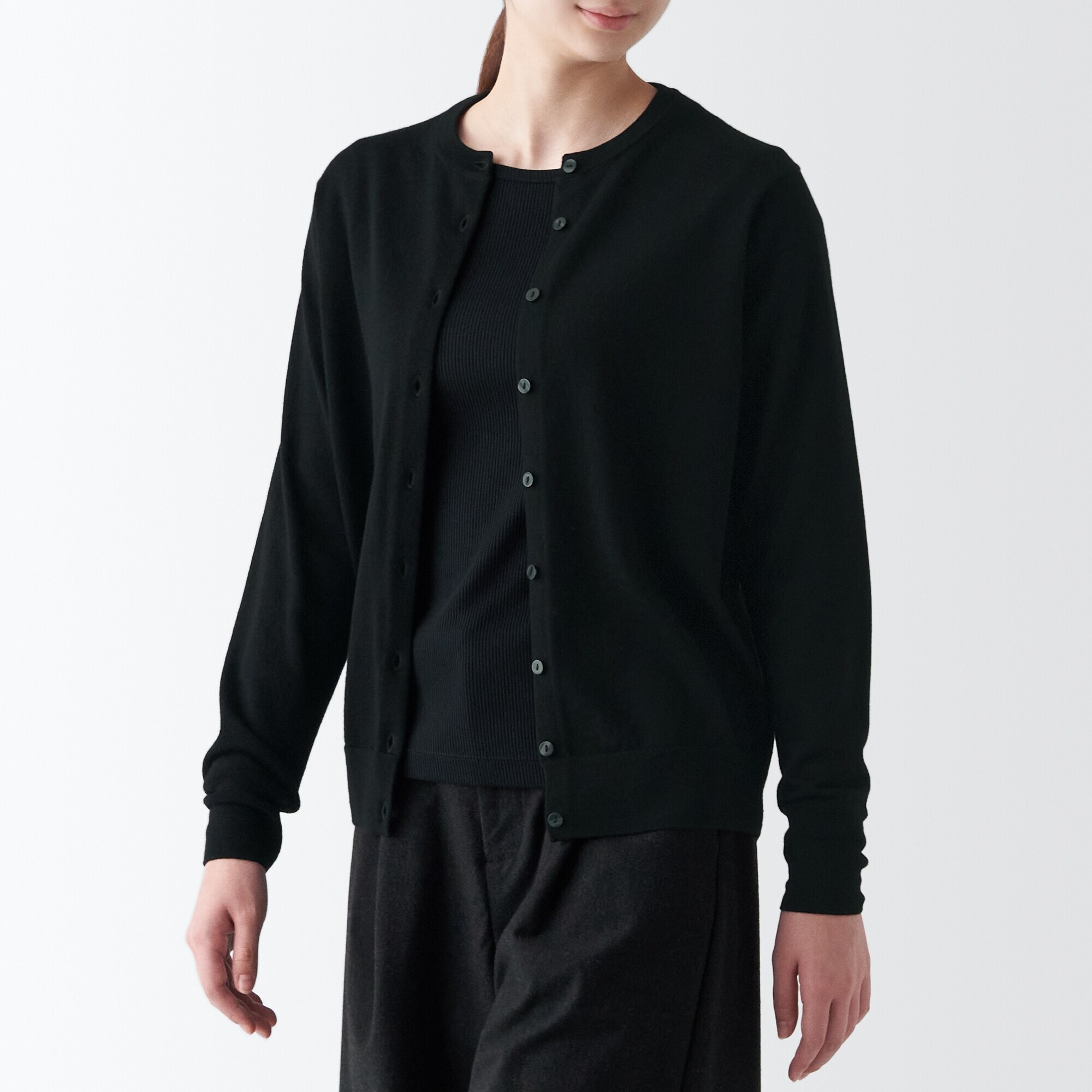 婦人　洗えるウールハイゲージクルーネックカーディガン