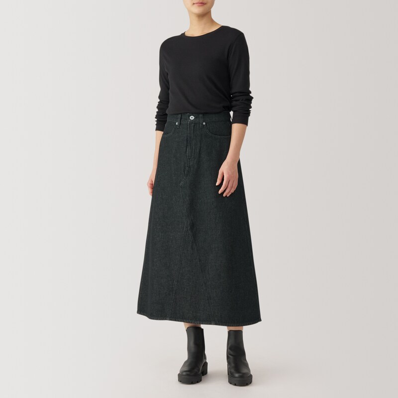 婦人 木の実から作ったカポック混 デニムAラインスカート 黒 | 無印良品 
