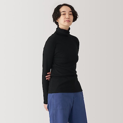 婦人　大豆繊維を使ったリブ編みタートルネック長袖Ｔシャツ