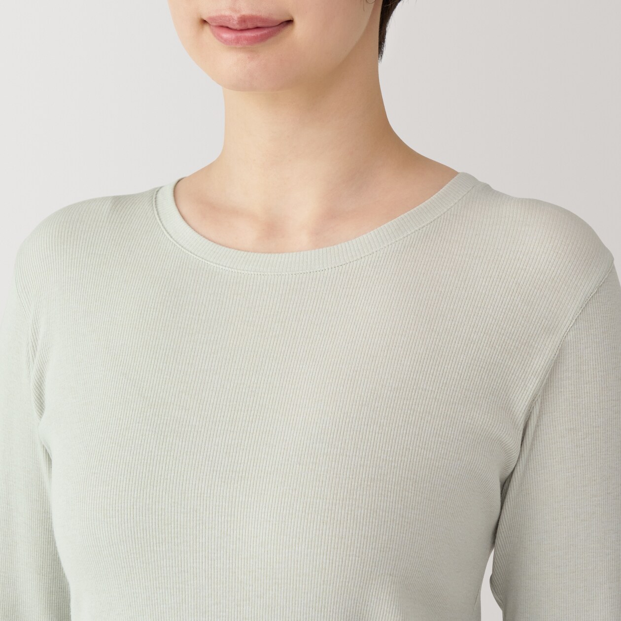 婦人　大豆繊維を使ったリブ編みクルーネック長袖Ｔシャツ