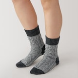 婦人　足なり直角　ウール混　柄編み　ルームソックス