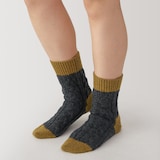 婦人　足なり直角　ウール混　柄編み　ルームソックス