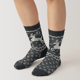 婦人　足なり直角　履き口やわらか　ウール混トナカイ柄　靴下