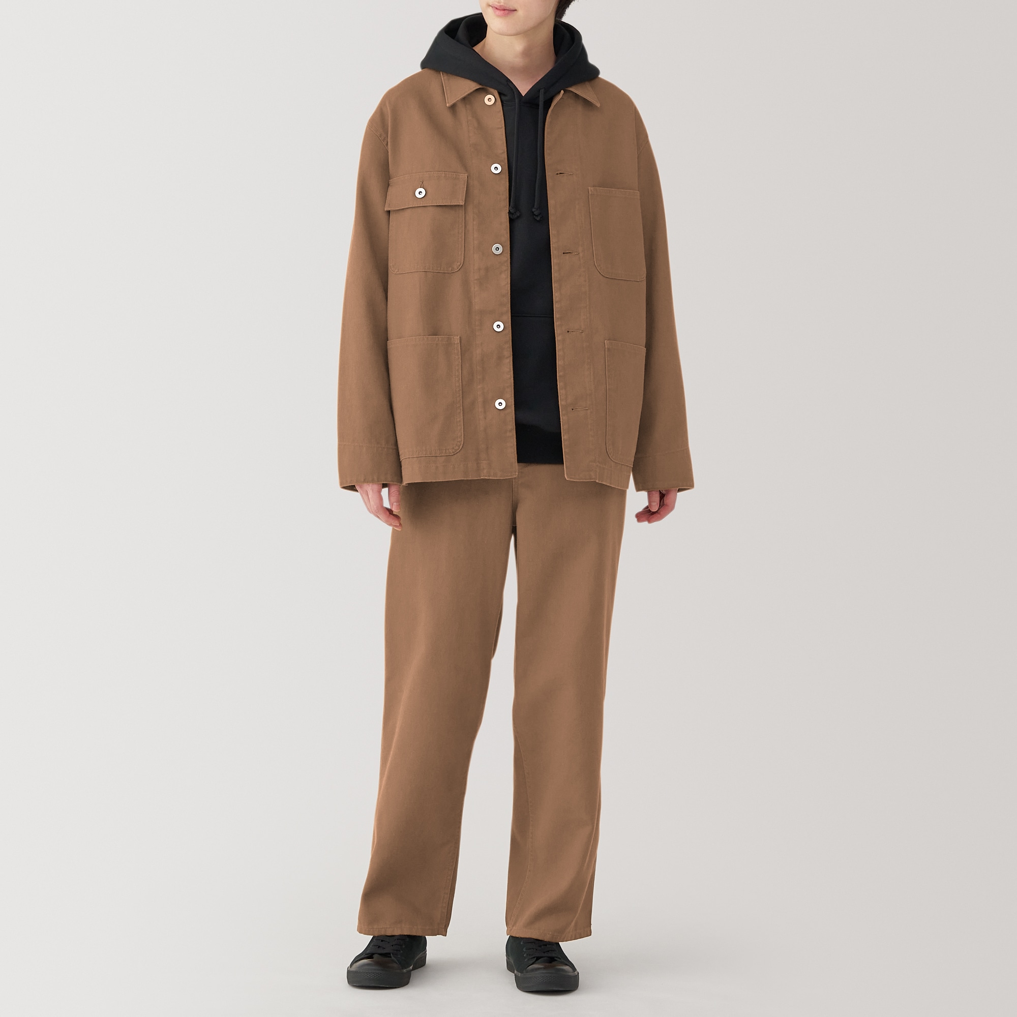 無印良品 木の実から作ったカポック混キャンバスカバーオール、ワイドパンツ L 黒 無印良品（MUJI） カバーオール 紳士 木の実から作ったカポック混