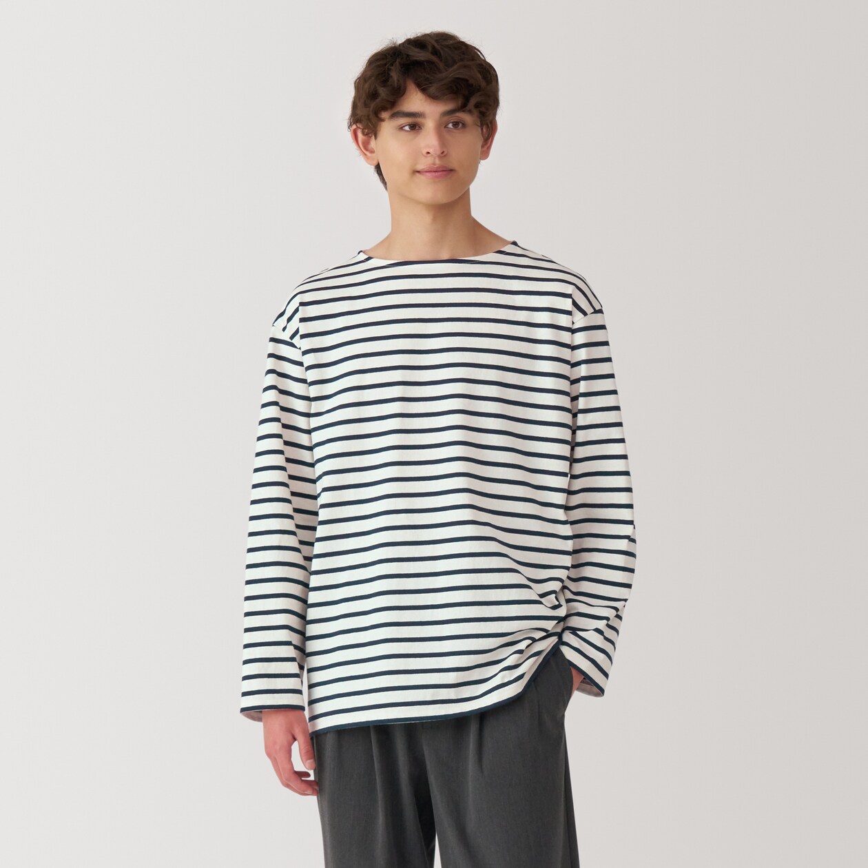 紳士　洗いざらし太番手ボートネック九分袖Ｔシャツ