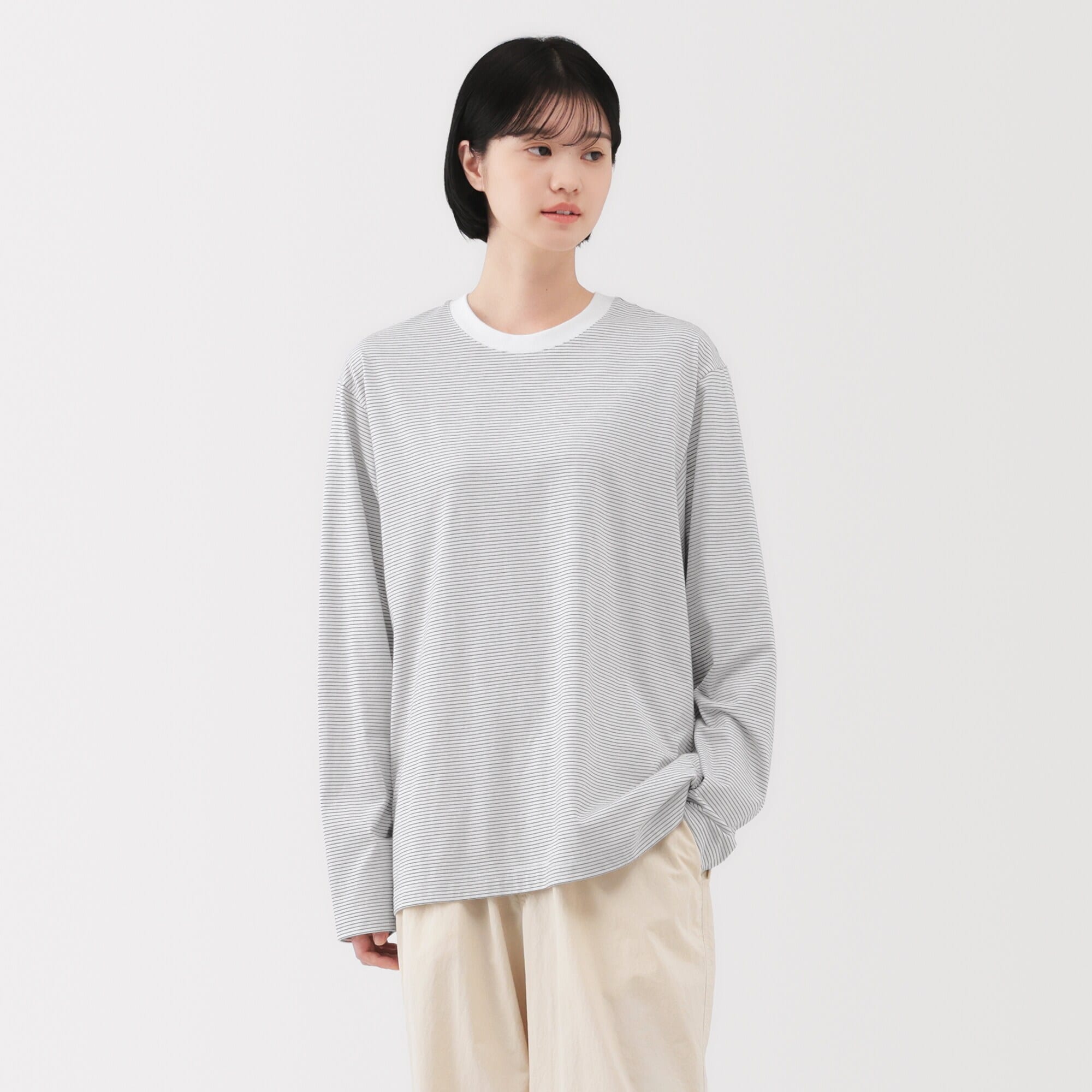 紳士　天竺編みクルーネック長袖Ｔシャツ（ボーダー）