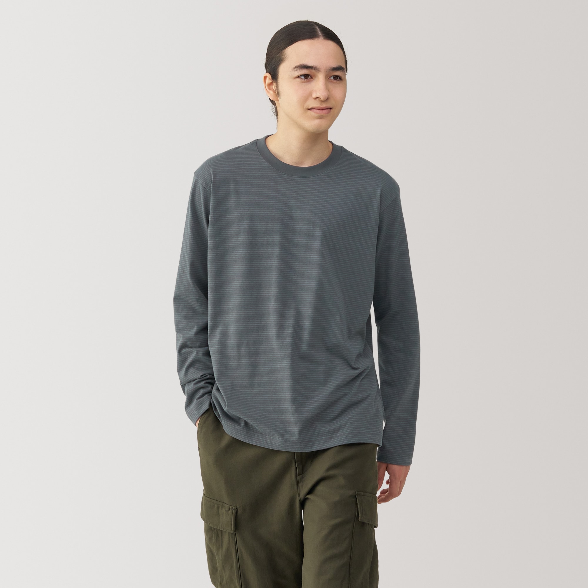 紳士　天竺編みクルーネック長袖Ｔシャツ（ボーダー）