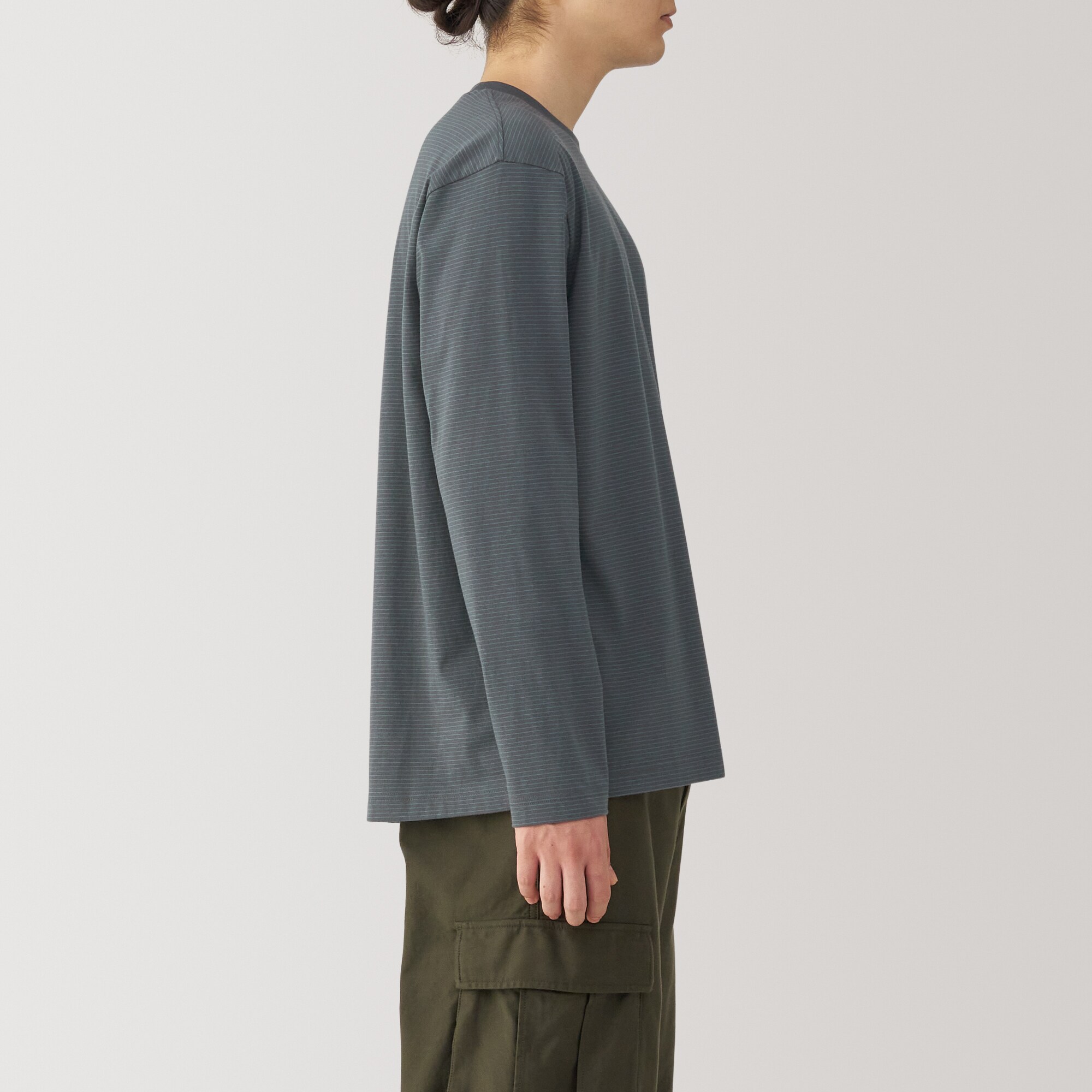 紳士　天竺編みクルーネック長袖Ｔシャツ（ボーダー）