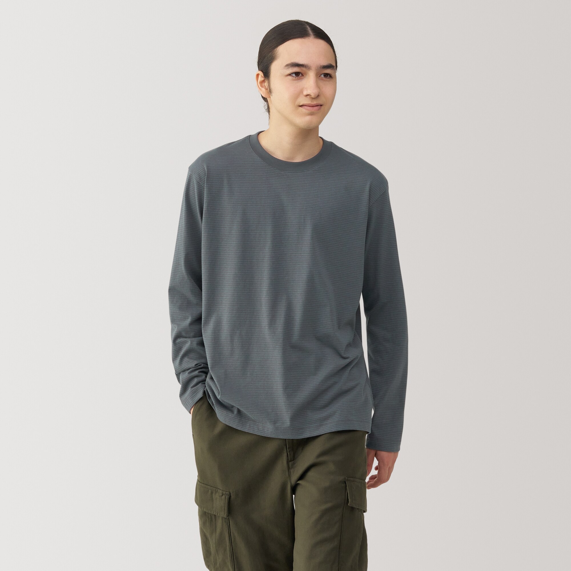 紳士　天竺編みクルーネック長袖Ｔシャツ（ボーダー）