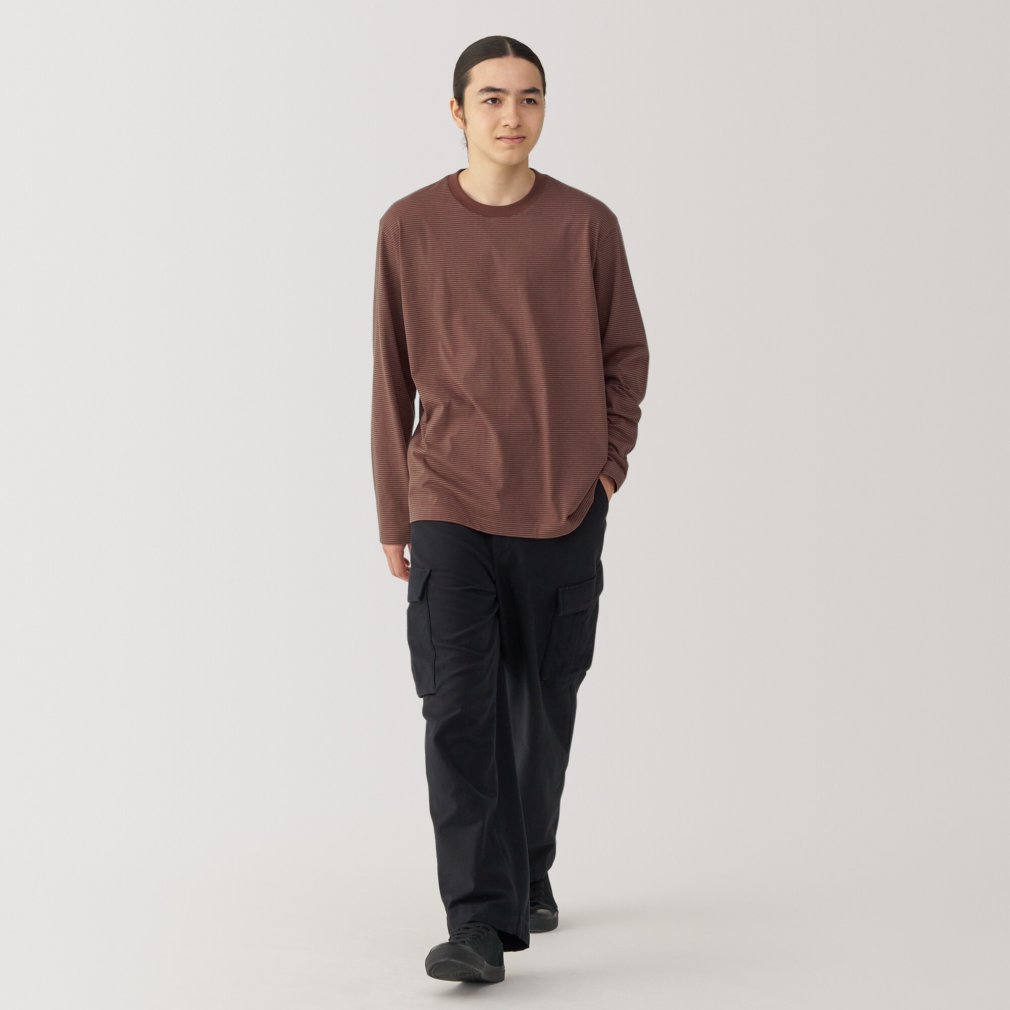 紳士　天竺編みクルーネック長袖Ｔシャツ（ボーダー）