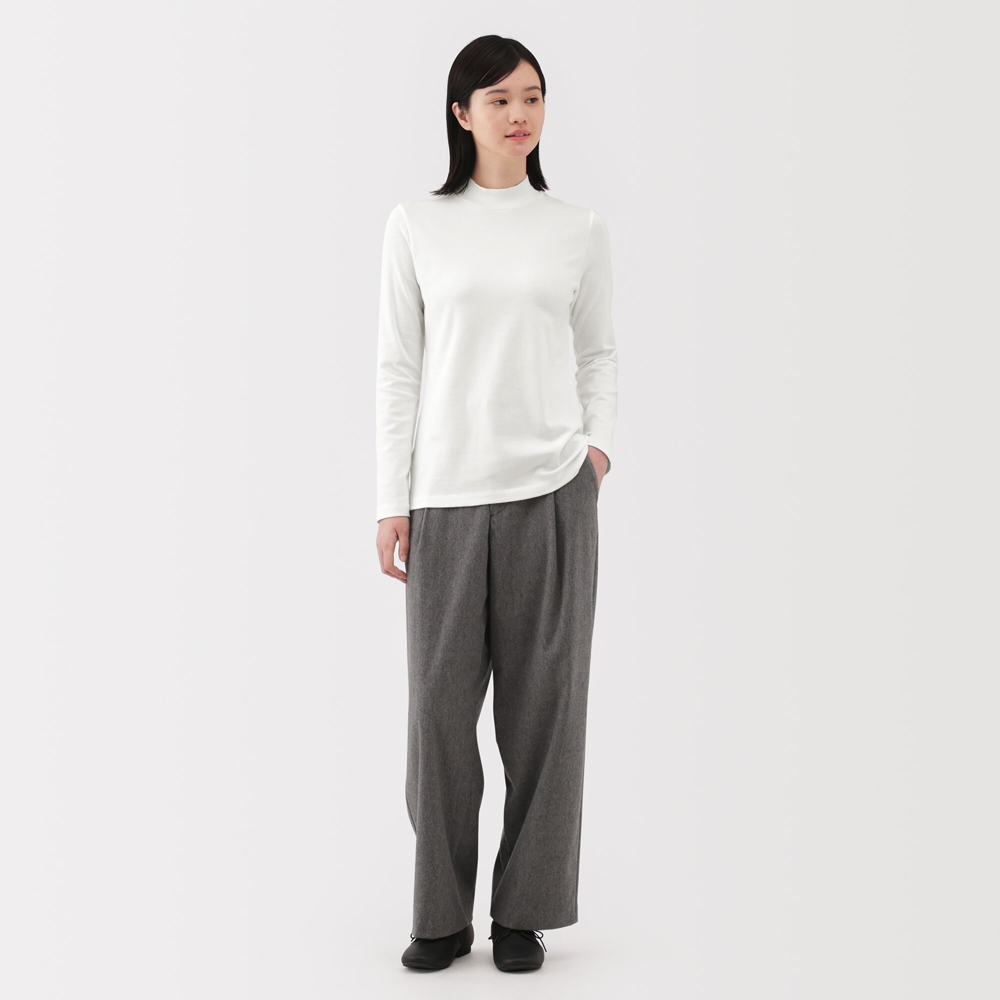 婦人　起毛フライス編みハイネック長袖Ｔシャツ