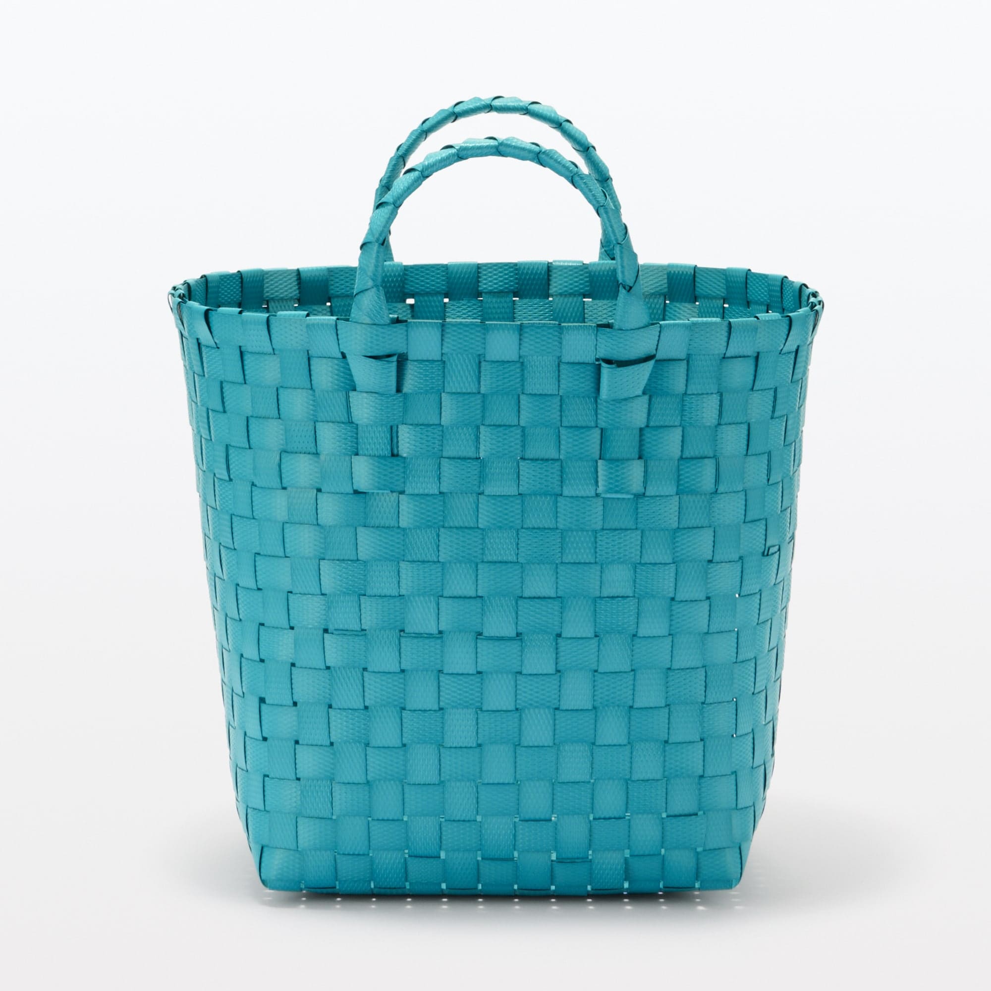 再生ポリプロピレン入り　梱包用バンド　手編みバスケット　小　ブルー