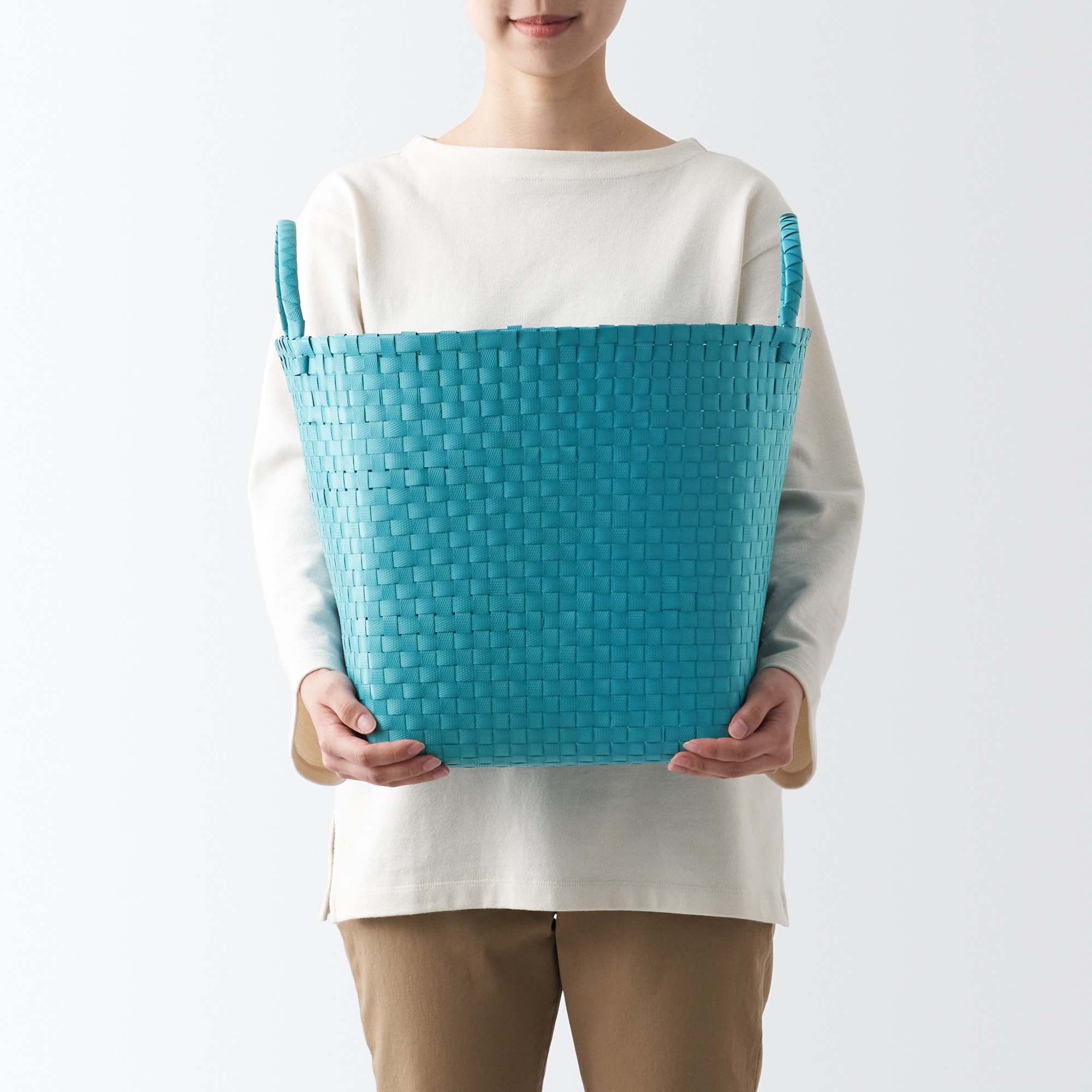 再生ポリプロピレン入り　梱包用バンド　手編みバスケット　大　ブルー