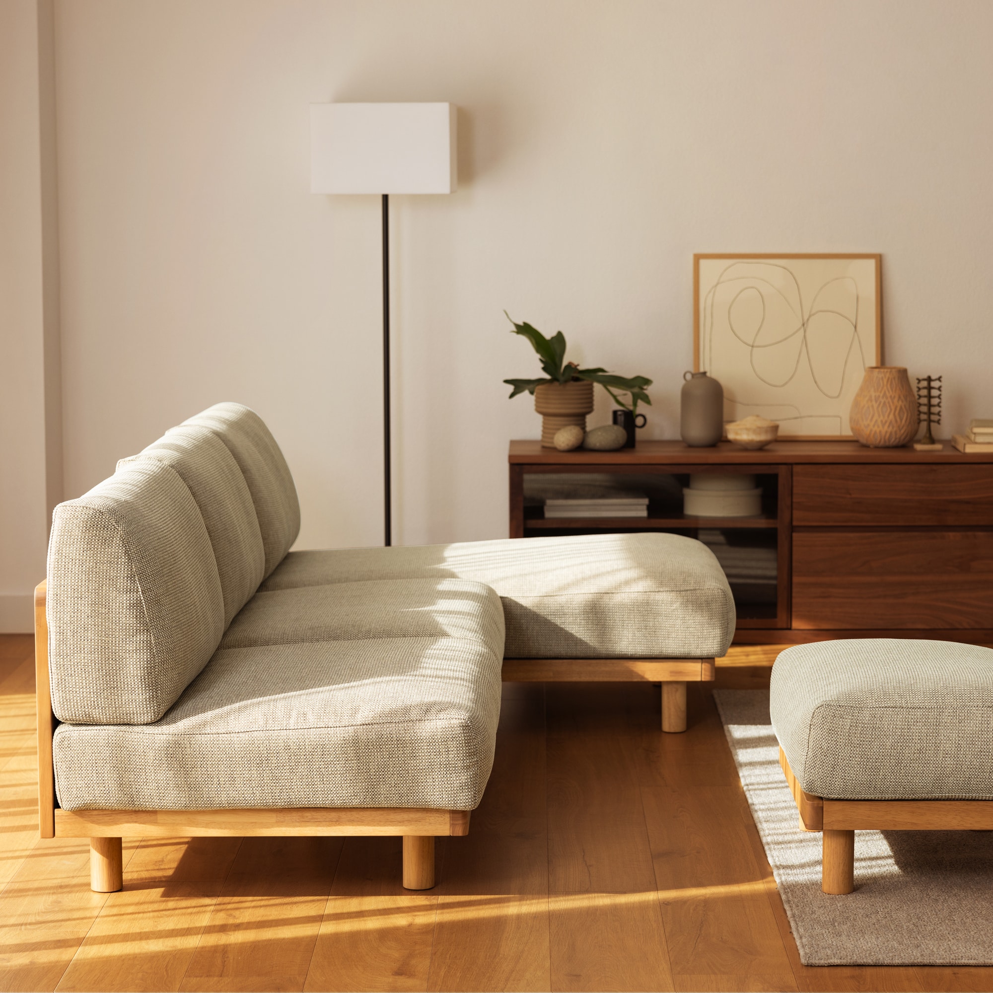 ゆったり座れるアームレスソファ　カウチ　ポリエステル平織　ベージュ