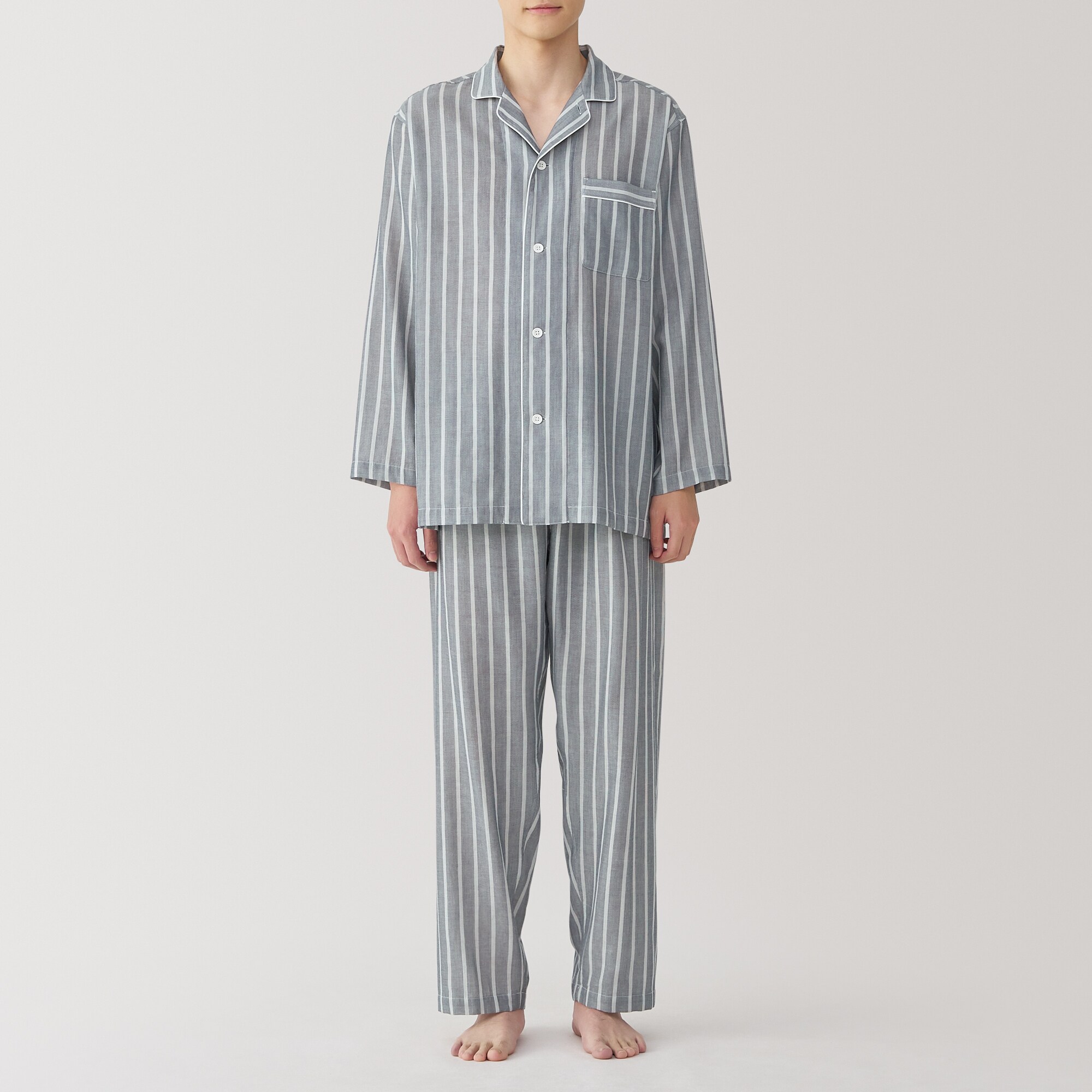 紳士　脇に縫い目のない　二重ガーゼ長袖パジャマ
