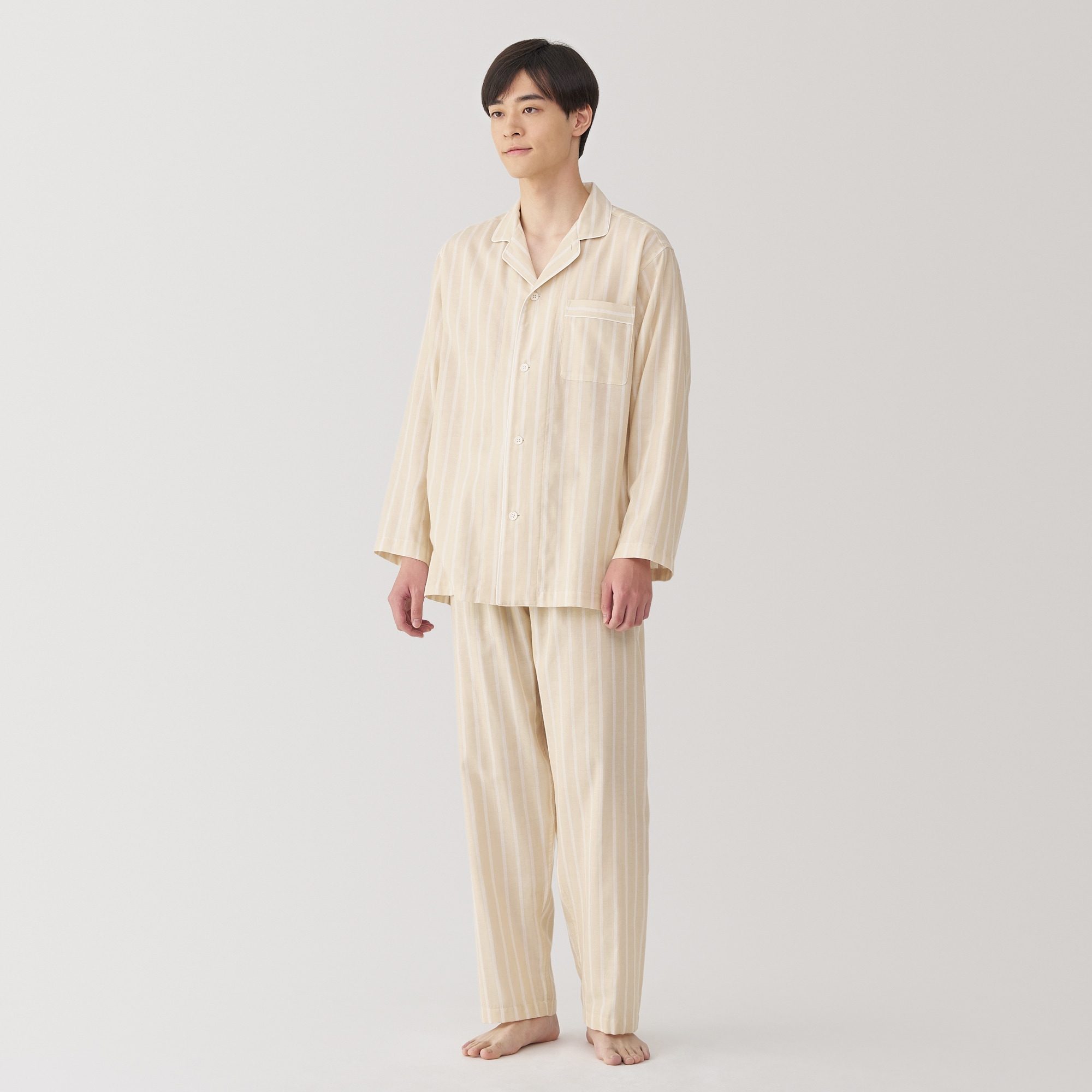 紳士　脇に縫い目のない　二重ガーゼ長袖パジャマ