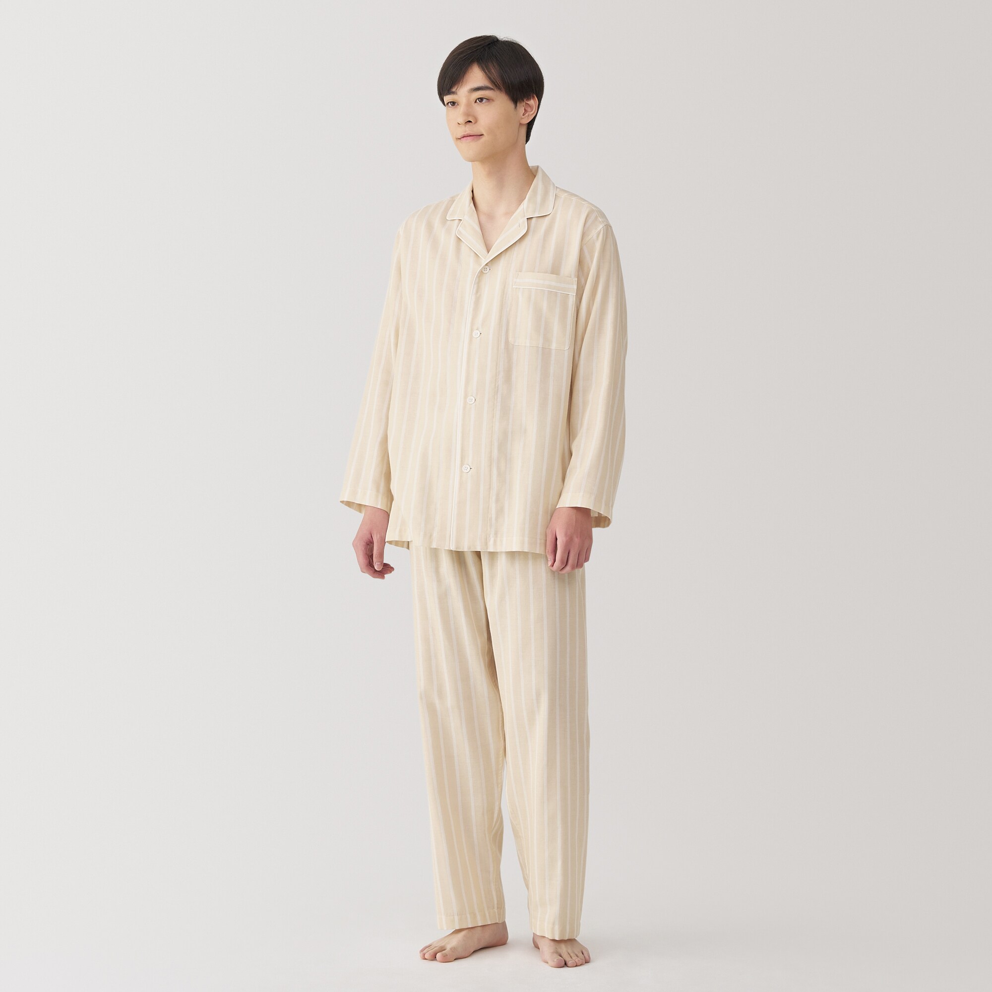 紳士　脇に縫い目のない　二重ガーゼ長袖パジャマ