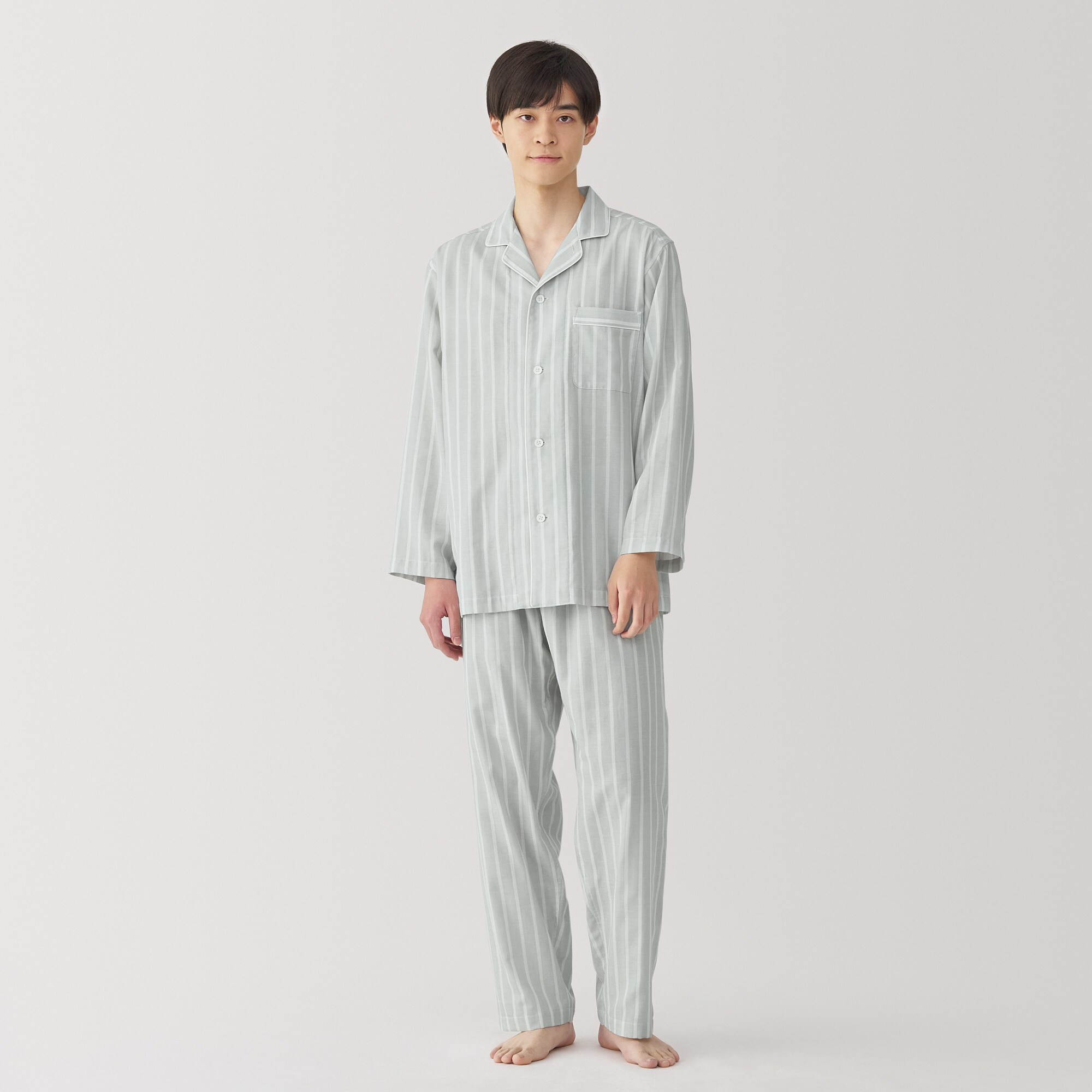 紳士　脇に縫い目のない　二重ガーゼ長袖パジャマ