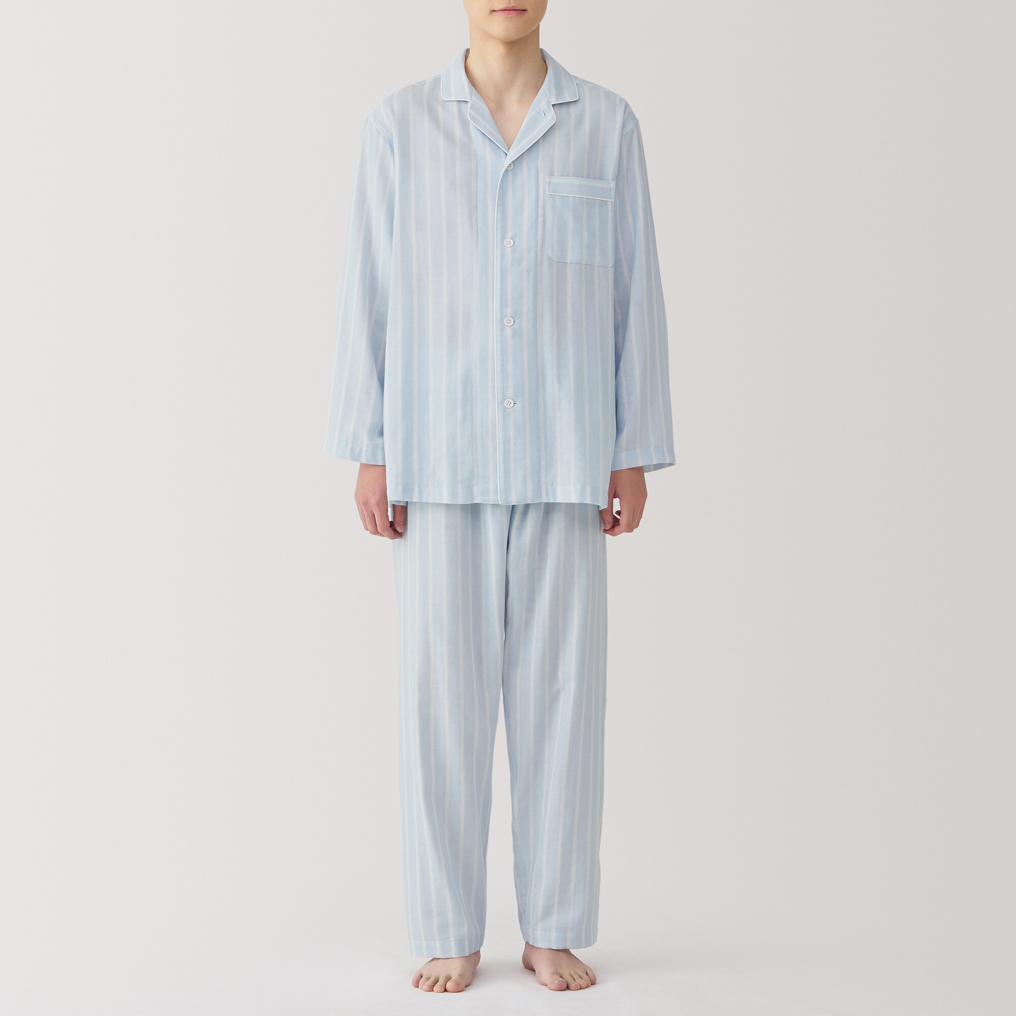 紳士　脇に縫い目のない　二重ガーゼ長袖パジャマ