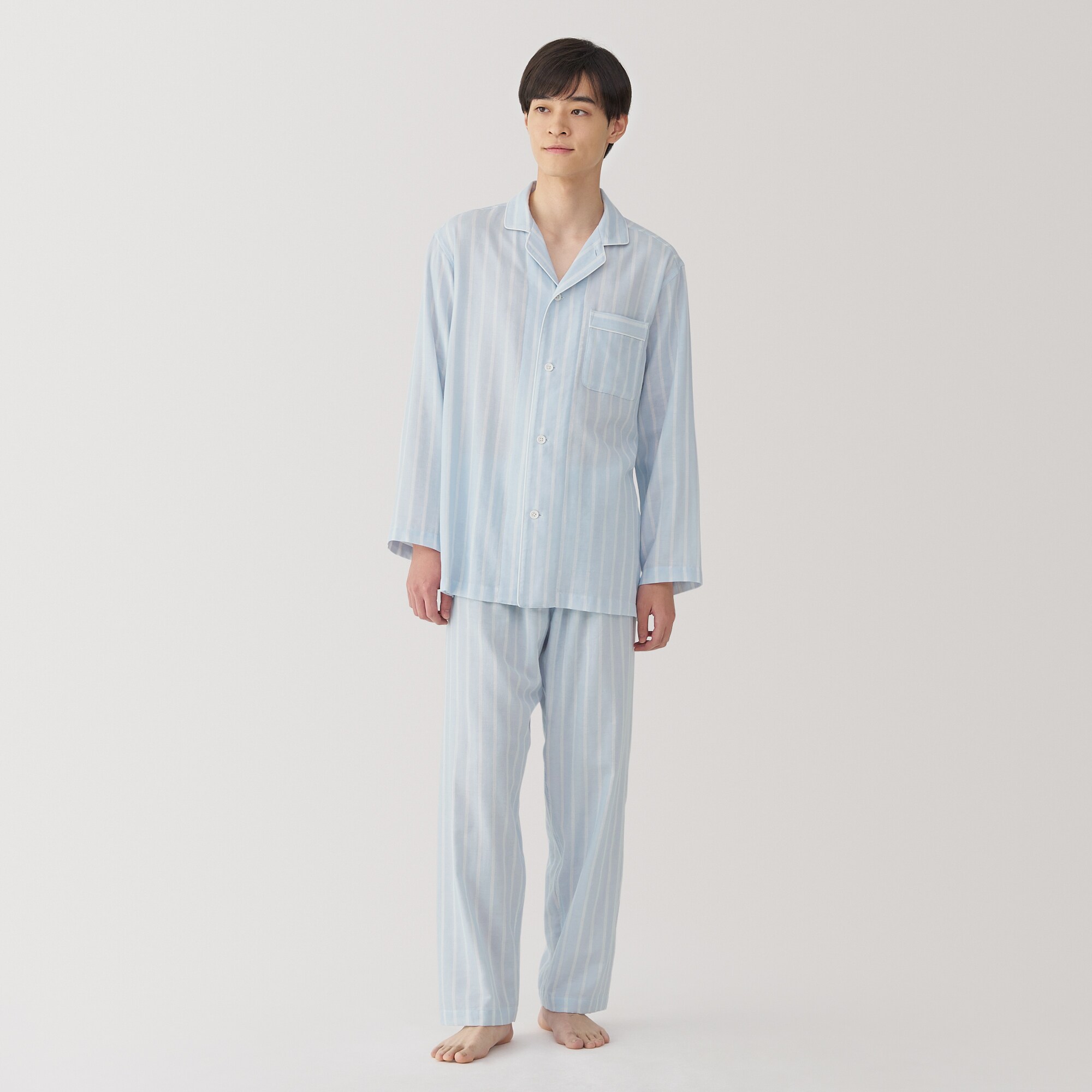 紳士　脇に縫い目のない　二重ガーゼ長袖パジャマ