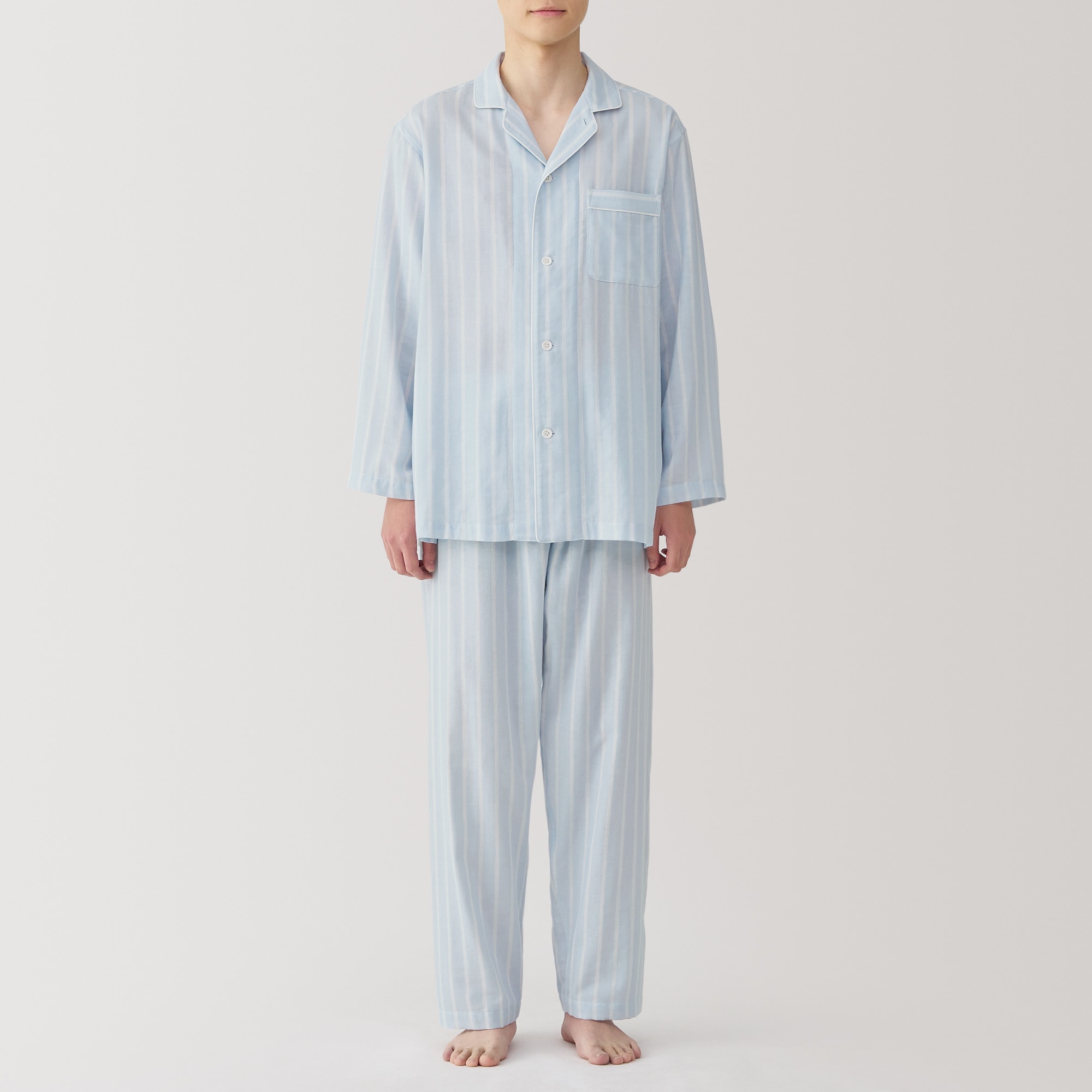 紳士　脇に縫い目のない　二重ガーゼ長袖パジャマ