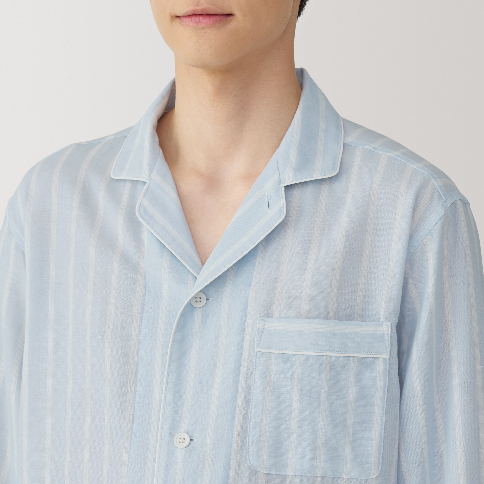 紳士　脇に縫い目のない　二重ガーゼ長袖パジャマ