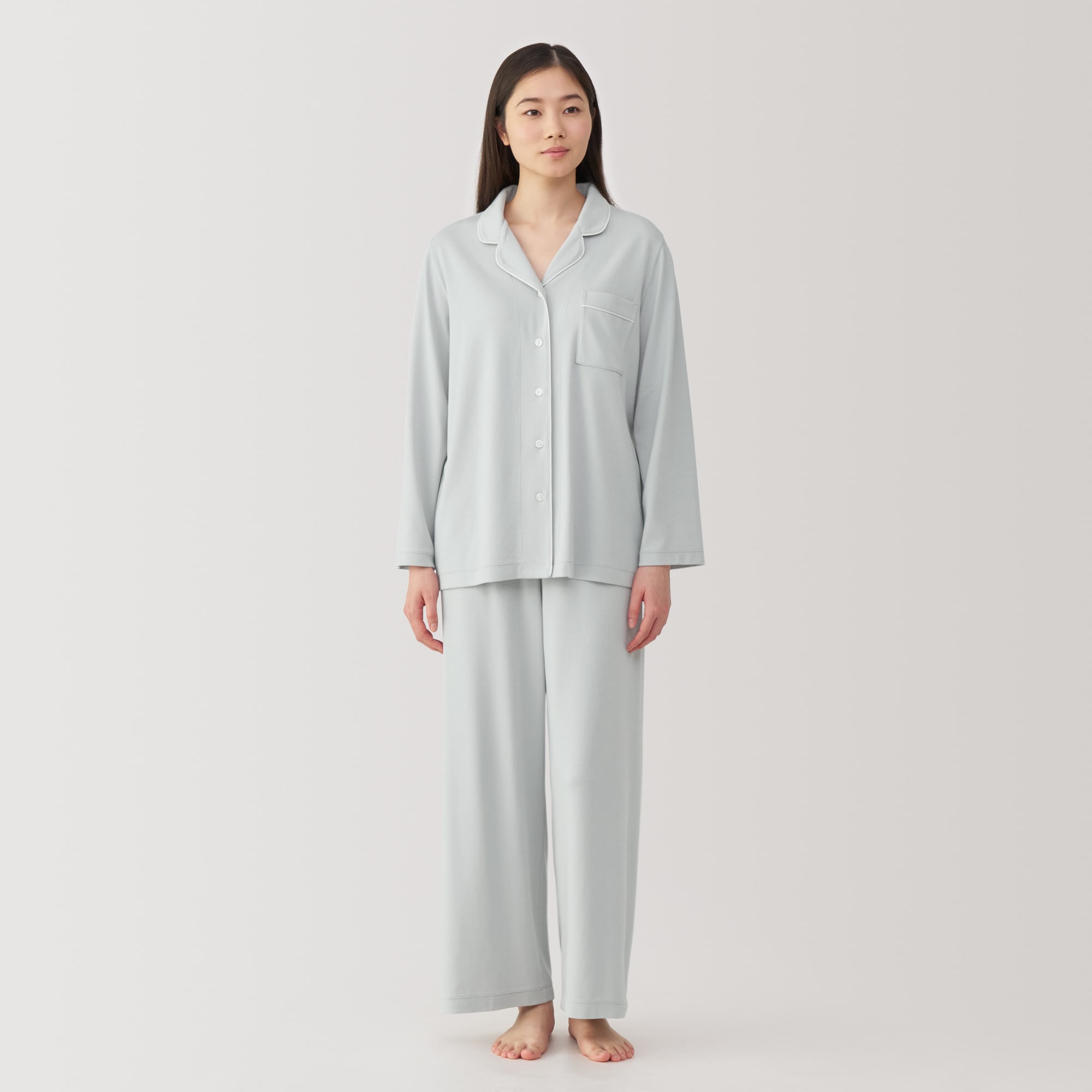 MUJI ダークネイビー 長袖パジャマ L 婦人 脇に縫い目のない 二重ガーゼ長袖パジャマ | 無印良品