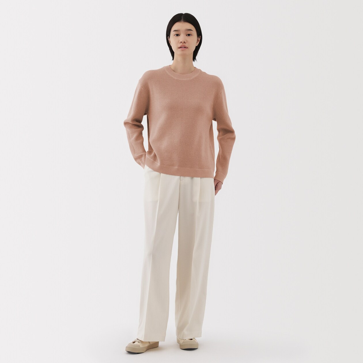 婦人　洗えるワッフル編みクルーネックセーター