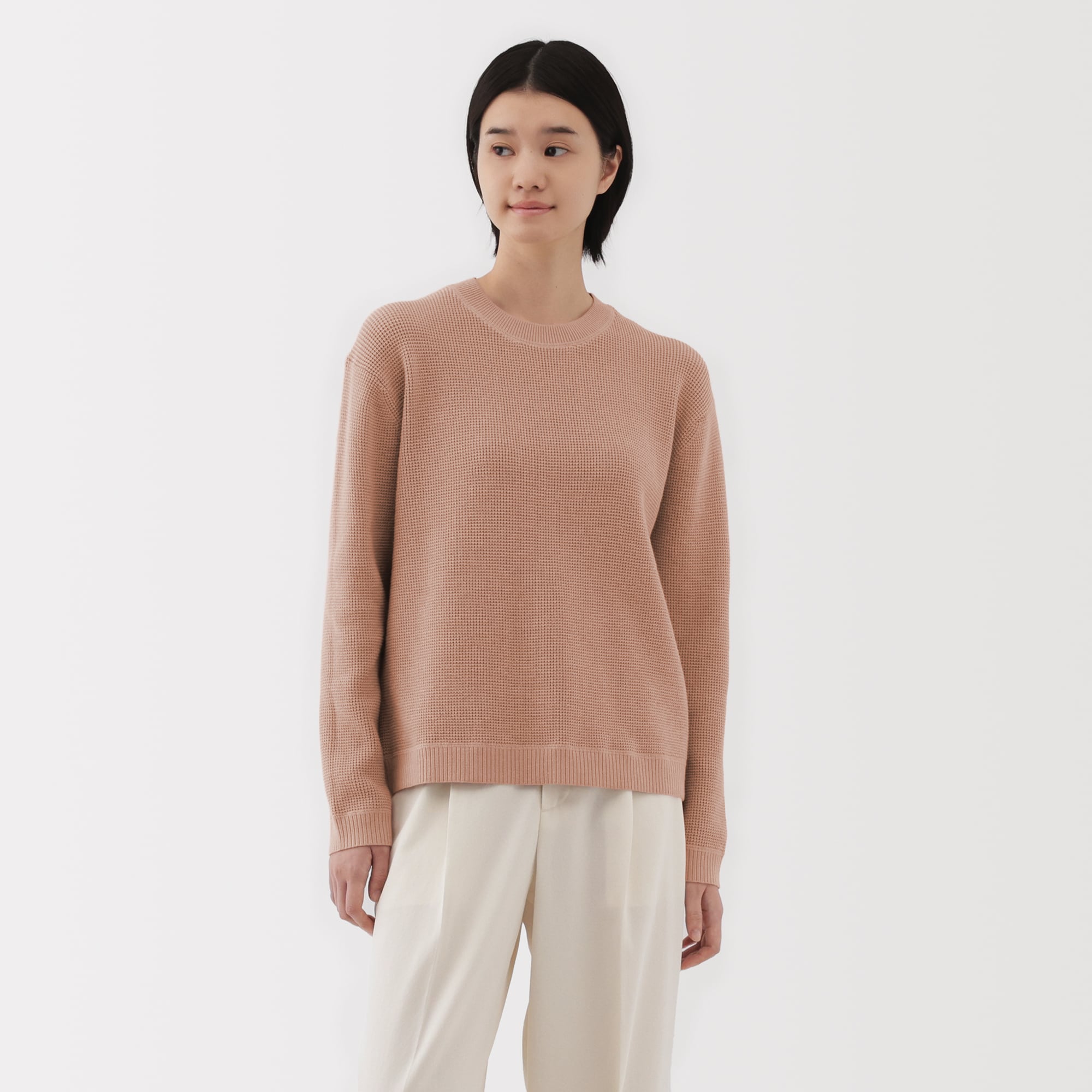 婦人　洗えるワッフル編みクルーネックセーター