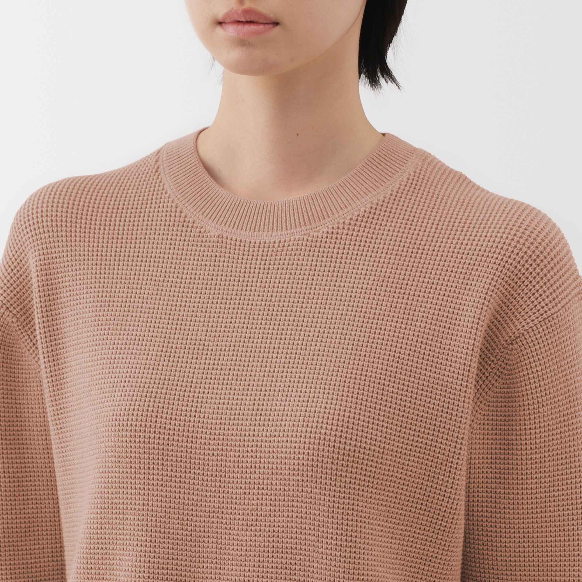 婦人　洗えるワッフル編みクルーネックセーター