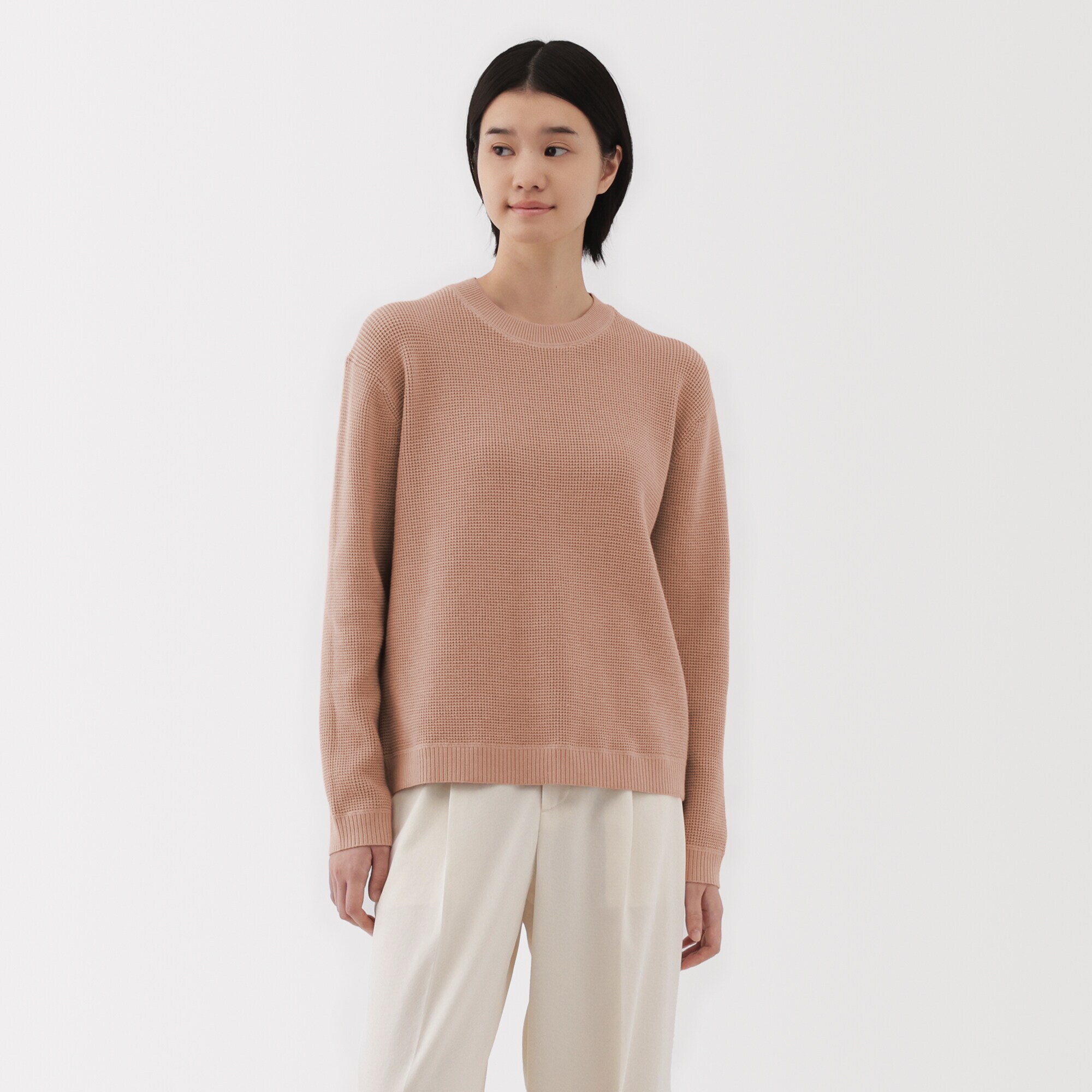 婦人　洗えるワッフル編みクルーネックセーター