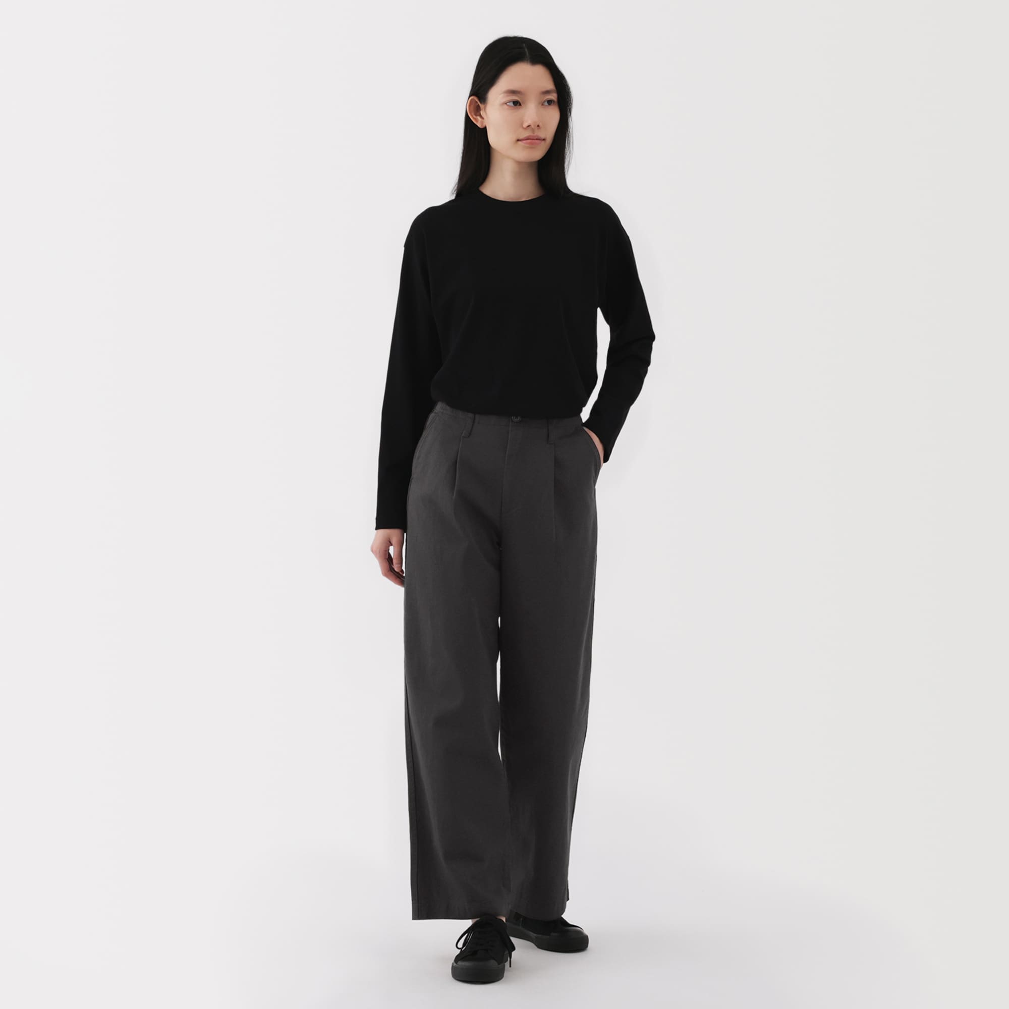 婦人　ムラ糸　チノタックワイドパンツ　股下長め