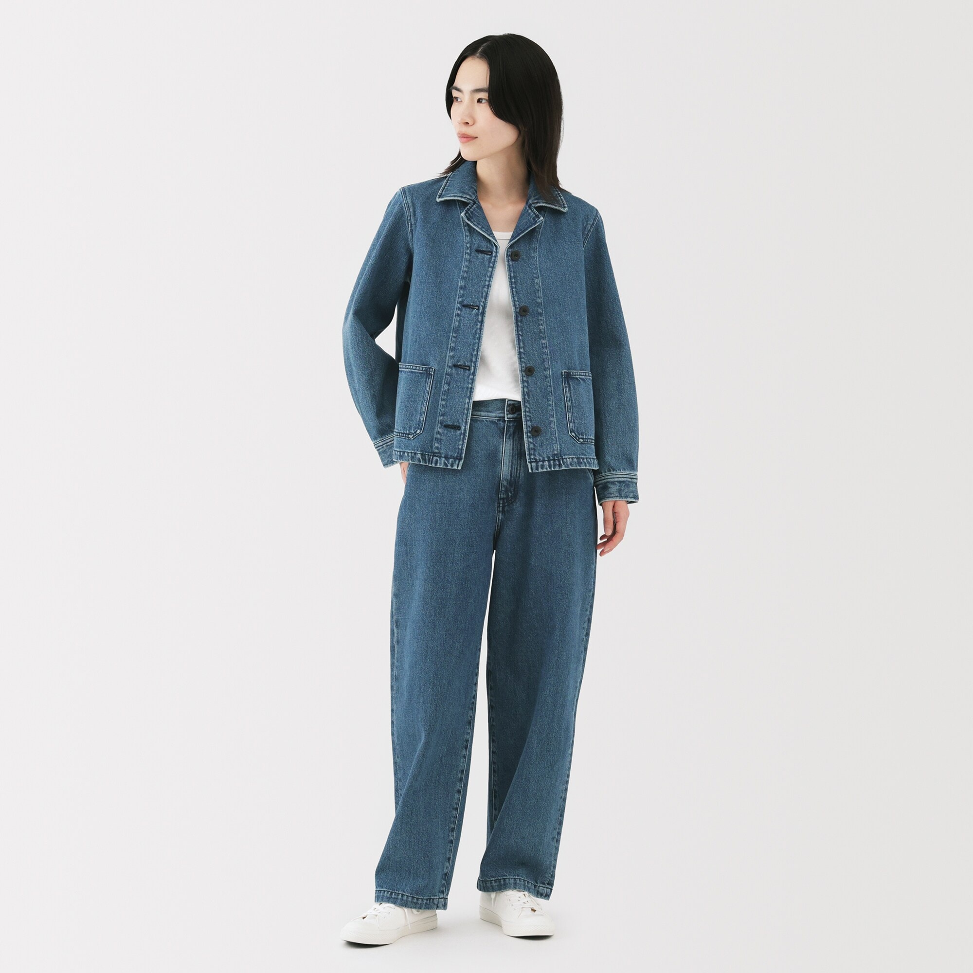 婦人　木の実から作ったカポック混　デニムワイドテーパードパンツ