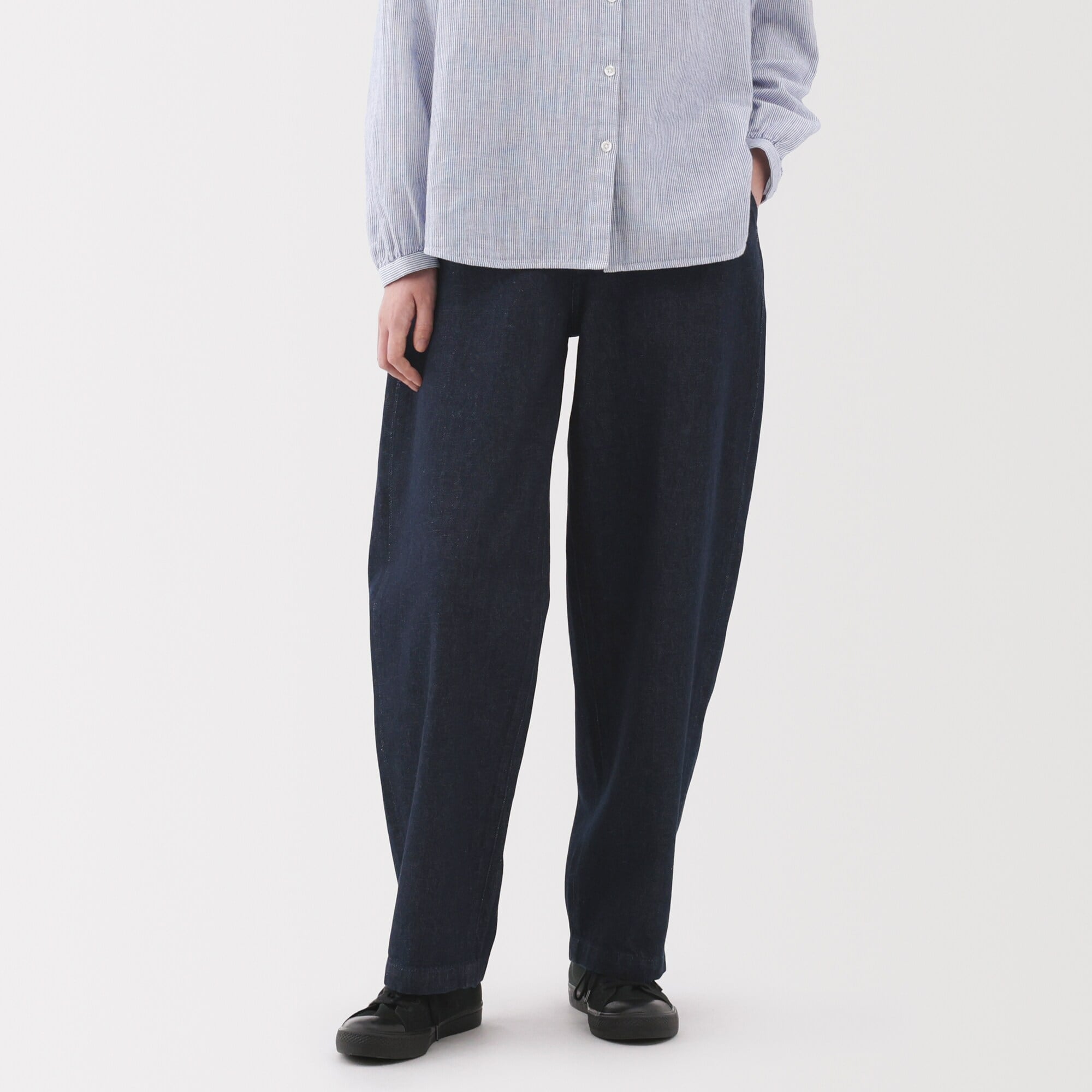 婦人　木の実から作ったカポック混　デニムワイドテーパードパンツ