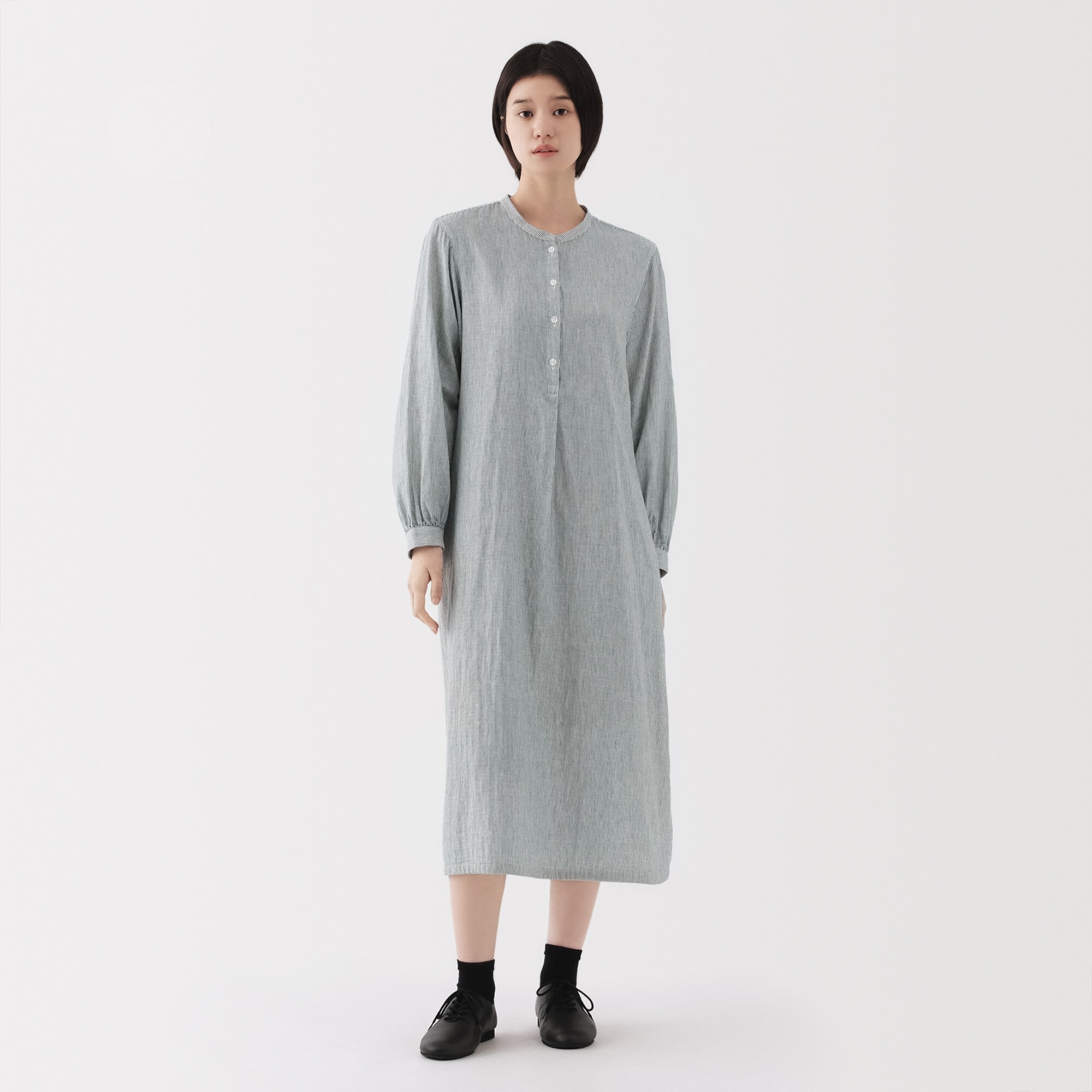 MUJI 無印良品　婦人　カポック混　二重ガーゼ　長袖ワンピース　黒　L 新品 婦人 カポック混 二重ガーゼ 長袖ワンピース | 無印良品