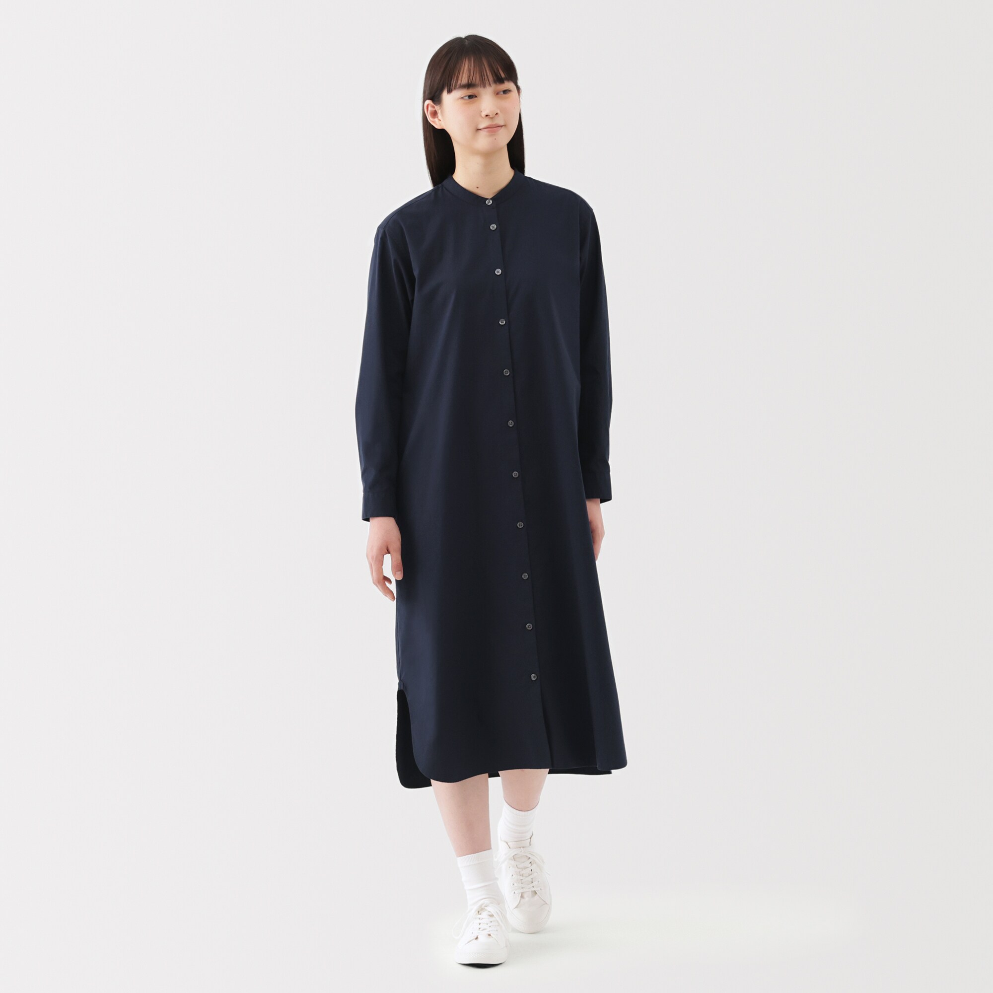 婦人 洗いざらし ブロードスタンドカラー長袖ワンピース | 無印良品